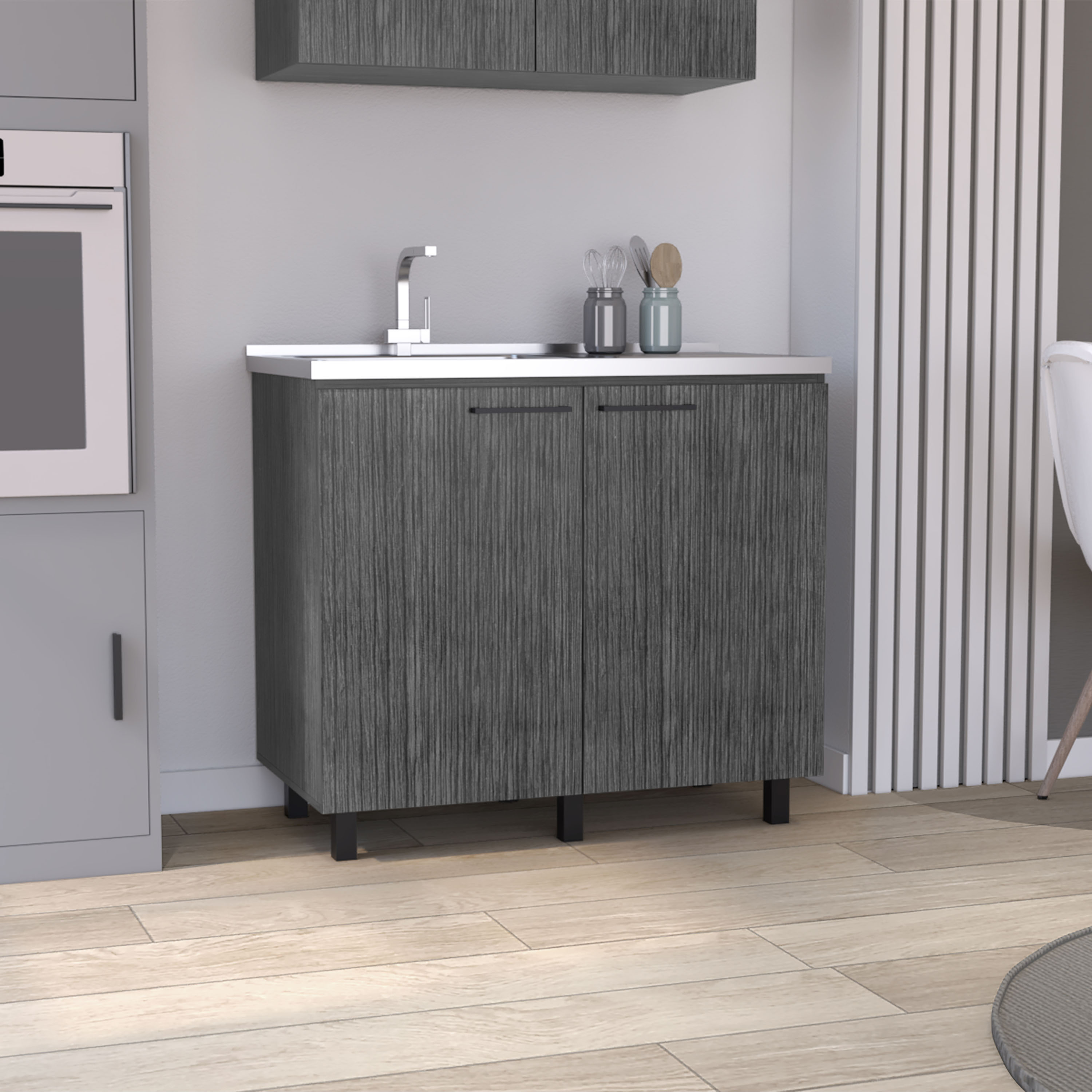 Tinyhomie 2 Smokey Oak Freestanding Utility Base Cabinets Stainless Steel Countertop 2 Doors