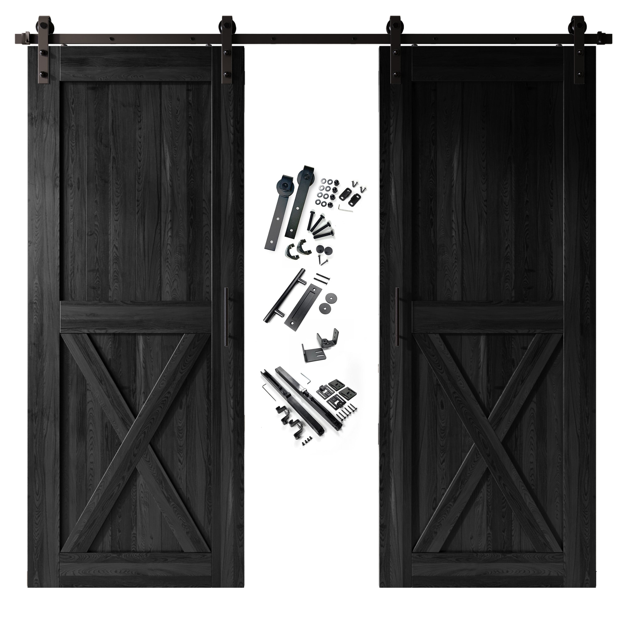 HOMACER YT2TGH156C-3884-X-BK 38-in x 84-in Black Prefinished X-frame Pine Wood Solid core Double Barn Door (Hardware Included)