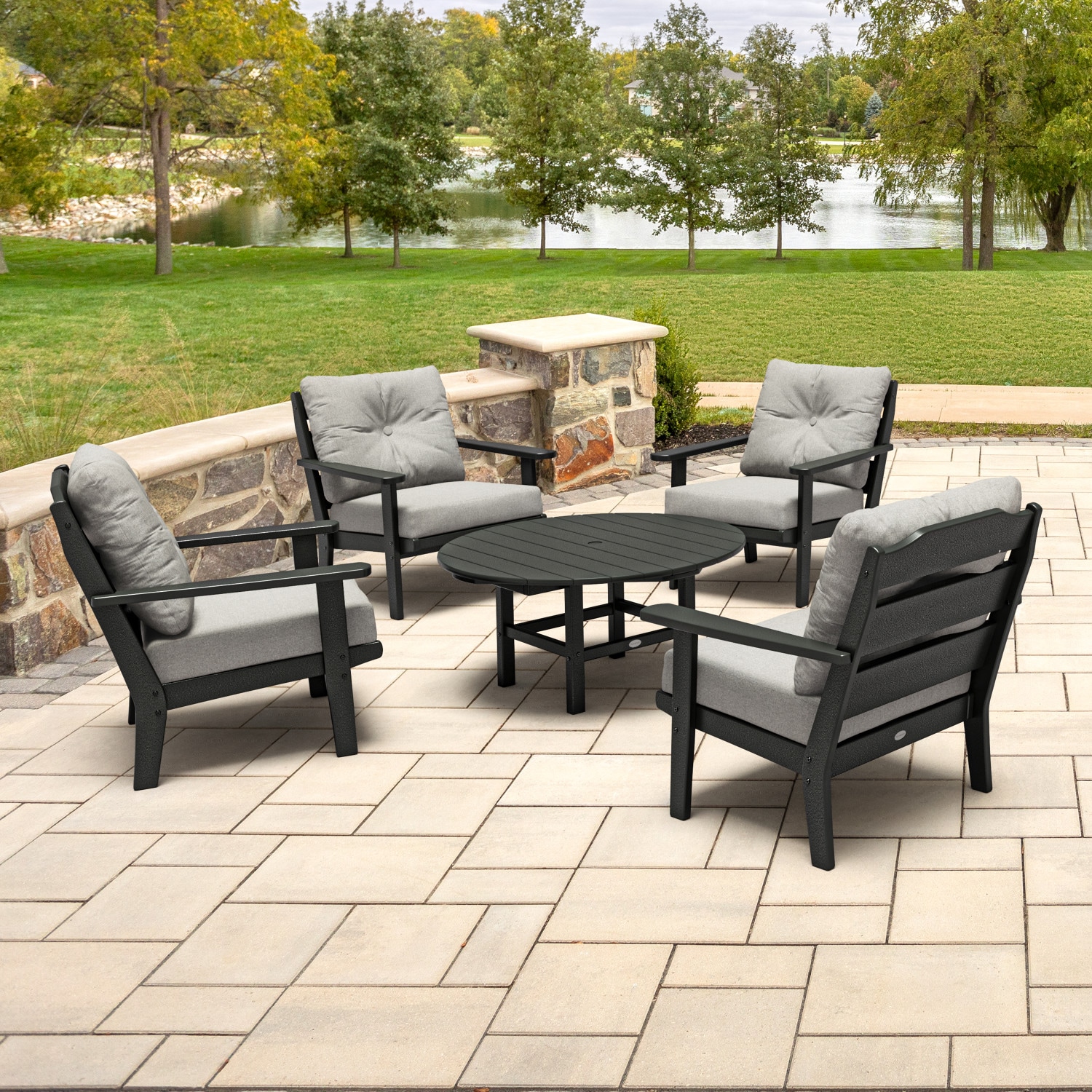 allen + roth by POLYWOOD PWS733-2-BL145980 Oakport 5 -Piece Patio Conversation Set with Gray Revolution Cushions