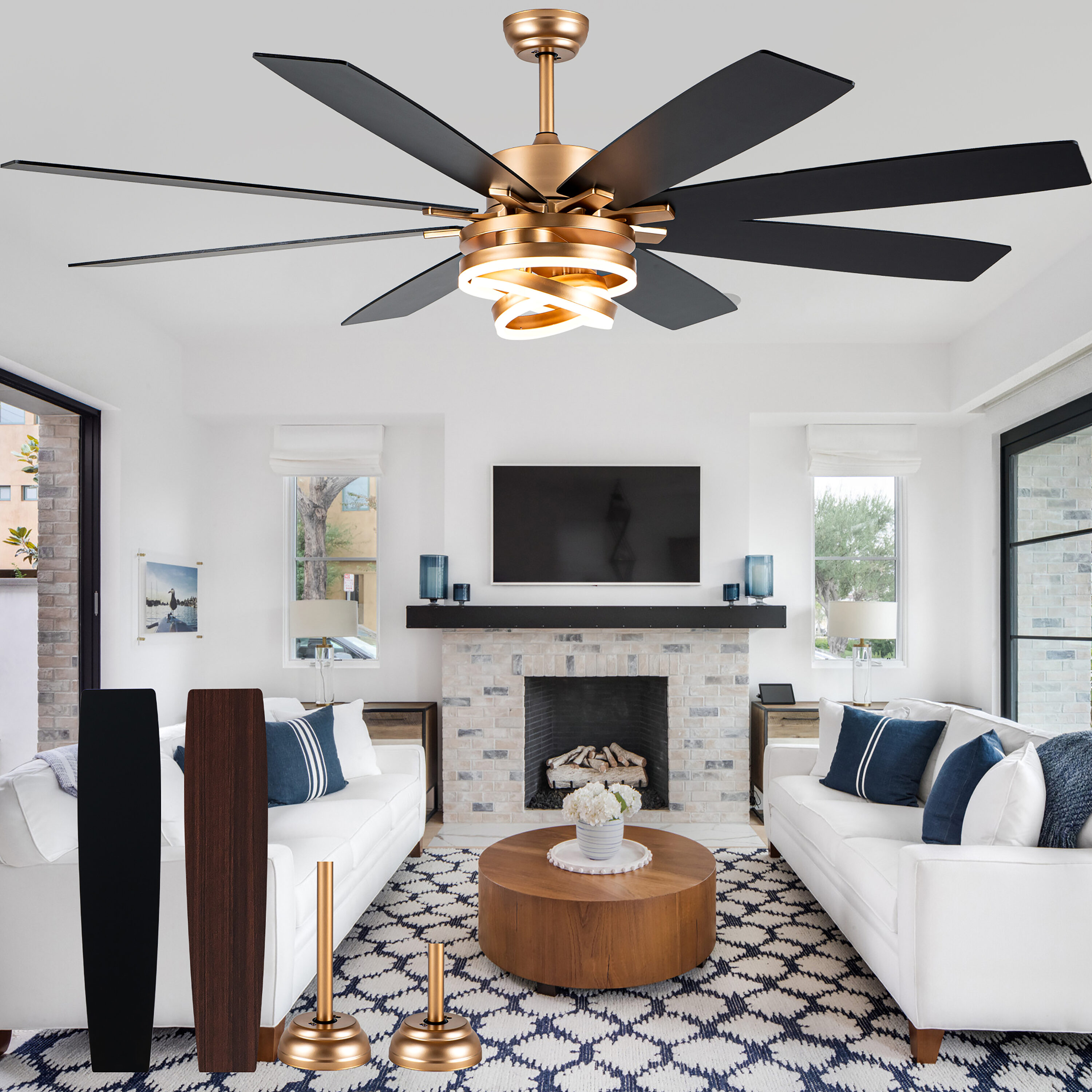 Cusp Barn DC7205-G Monaton 72-in Color-Changing Integrated LED Gold with Black/Walnut Blades Chandelier Ceiling Fan With Light - Remote Included ( 8 -Blade )