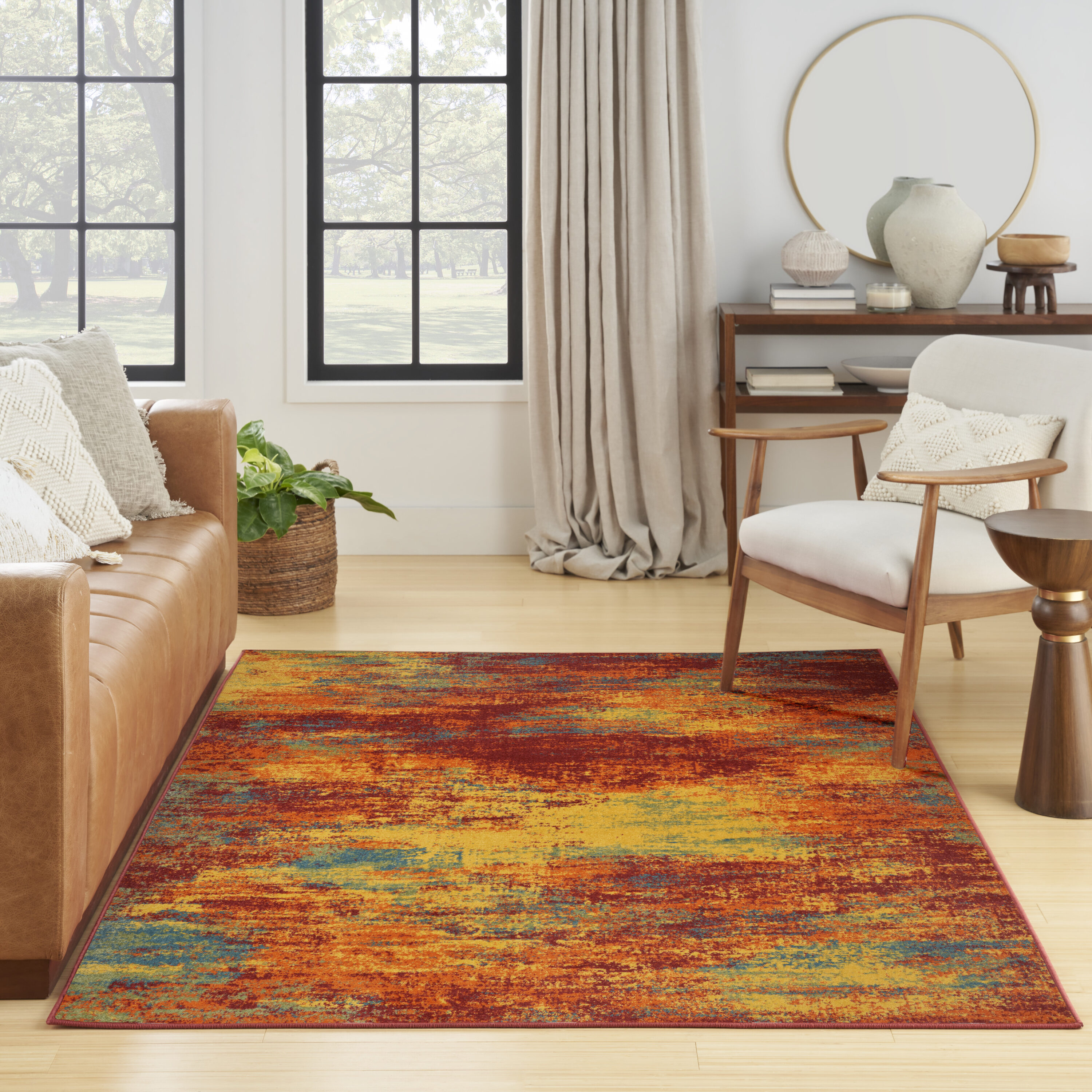 Flame Red and Yellow Synthetic 4' x 6' Area Rug