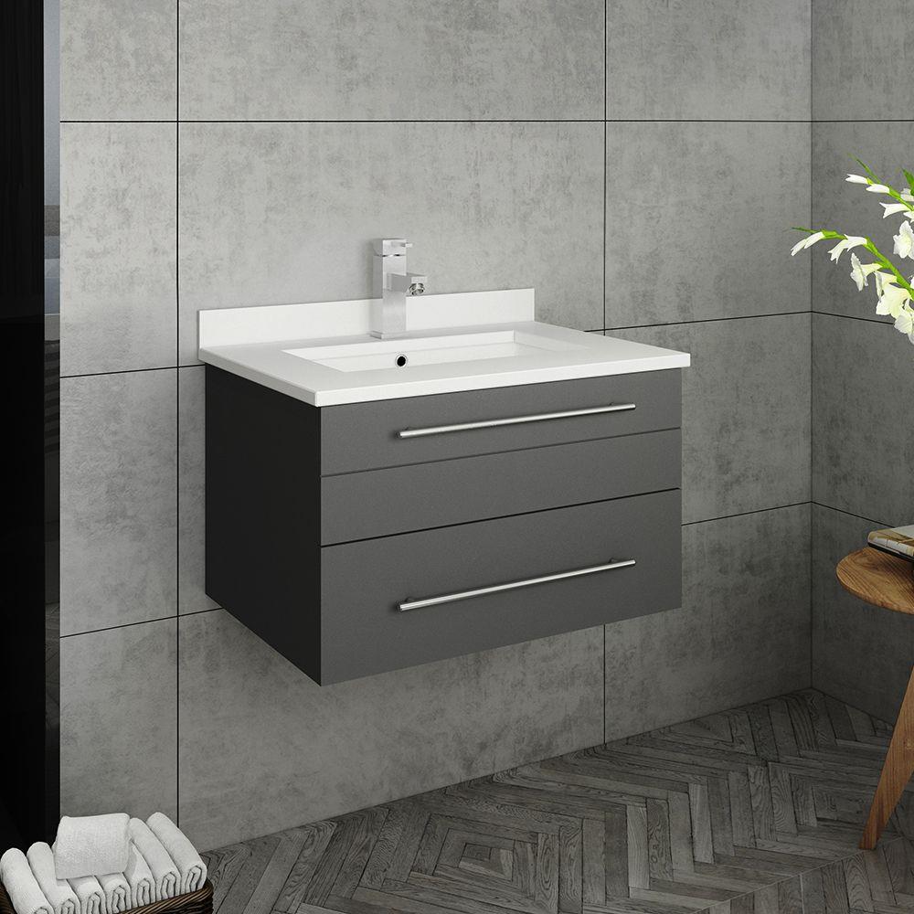 Lucera 24" Wall Hung Gray Quartz Top Modern Bathroom Vanity