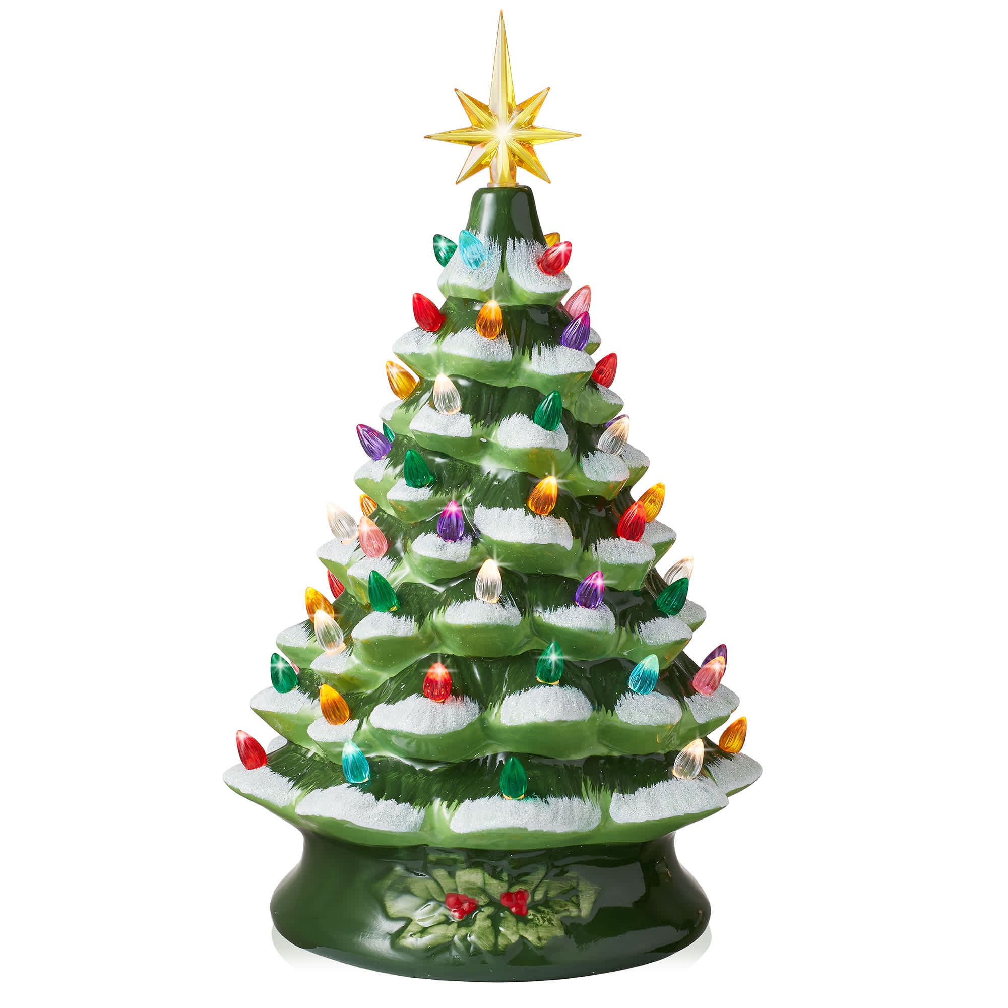 Casafield SZN-TR-962-GRSN 15-in Snow Flocked Ceramic Christmas Tree - Hand Painted Pre-Lit