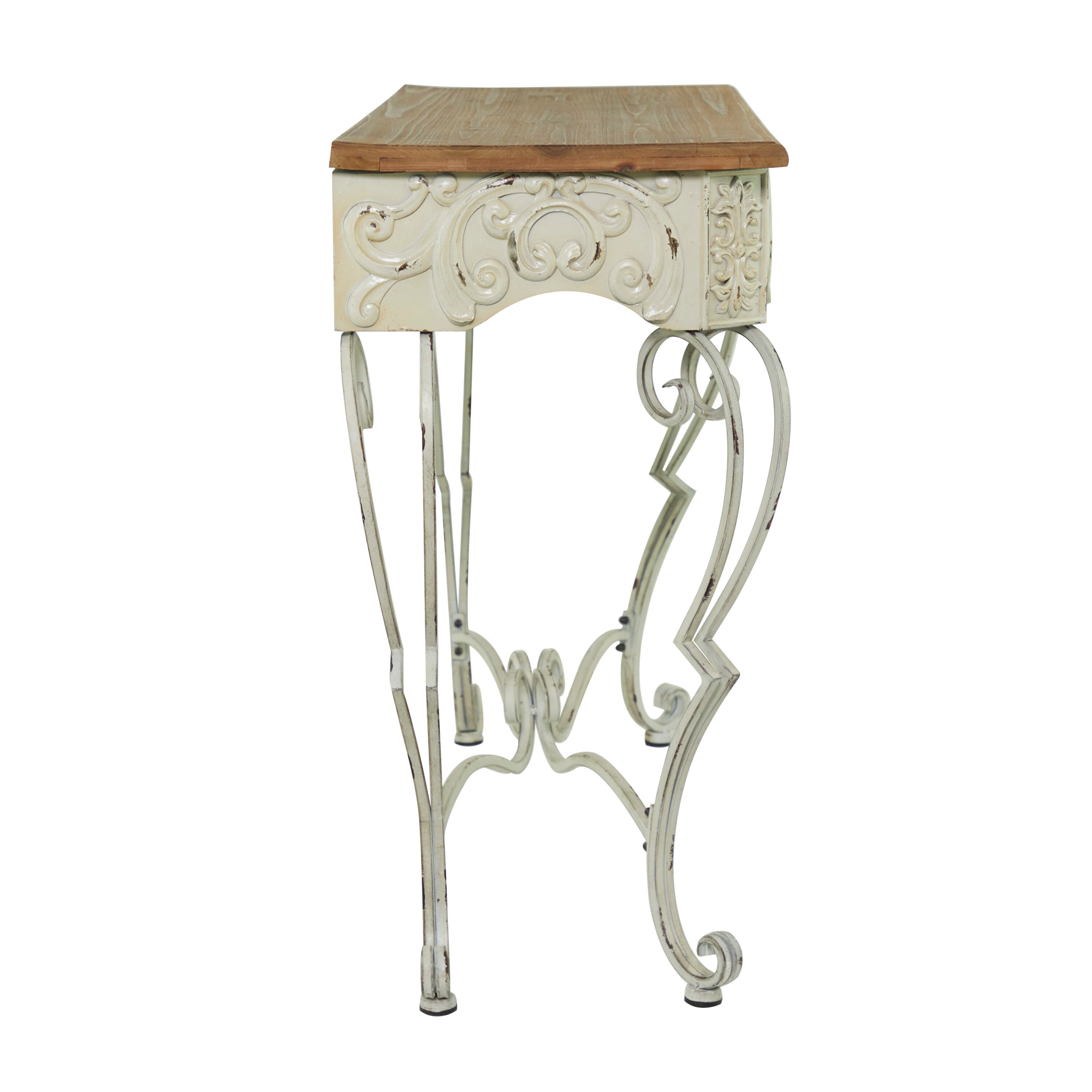 French Provincial White Metal Scroll Console Table with Fir Wood Top