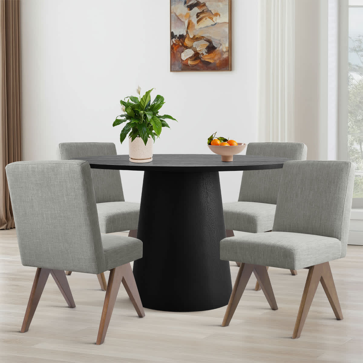 Maison Boucle DWENBK+MORGAN-GRAY4 Modern 5 Piece Dining Set with Black Round Pedestal Table and 4 Gray Upholstered Chairs for Kitchen