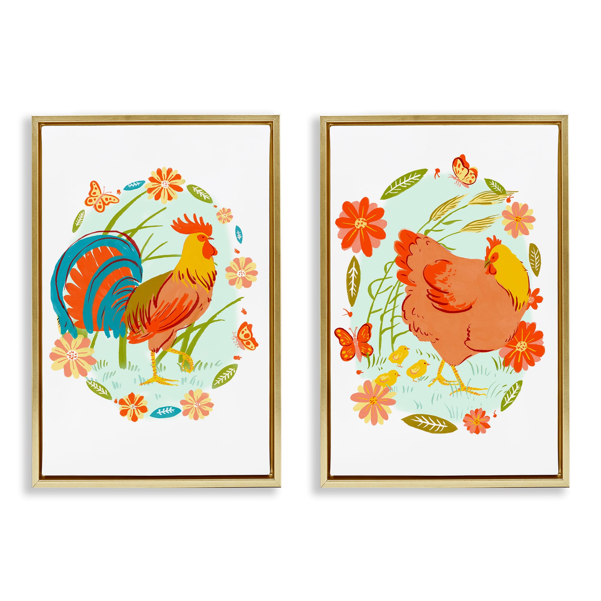 Stupell Industries B2-891-FFG-2PC-20X30 Rooster and Hen with Florals 2pc Floating Frame Set design by Hannah Moren