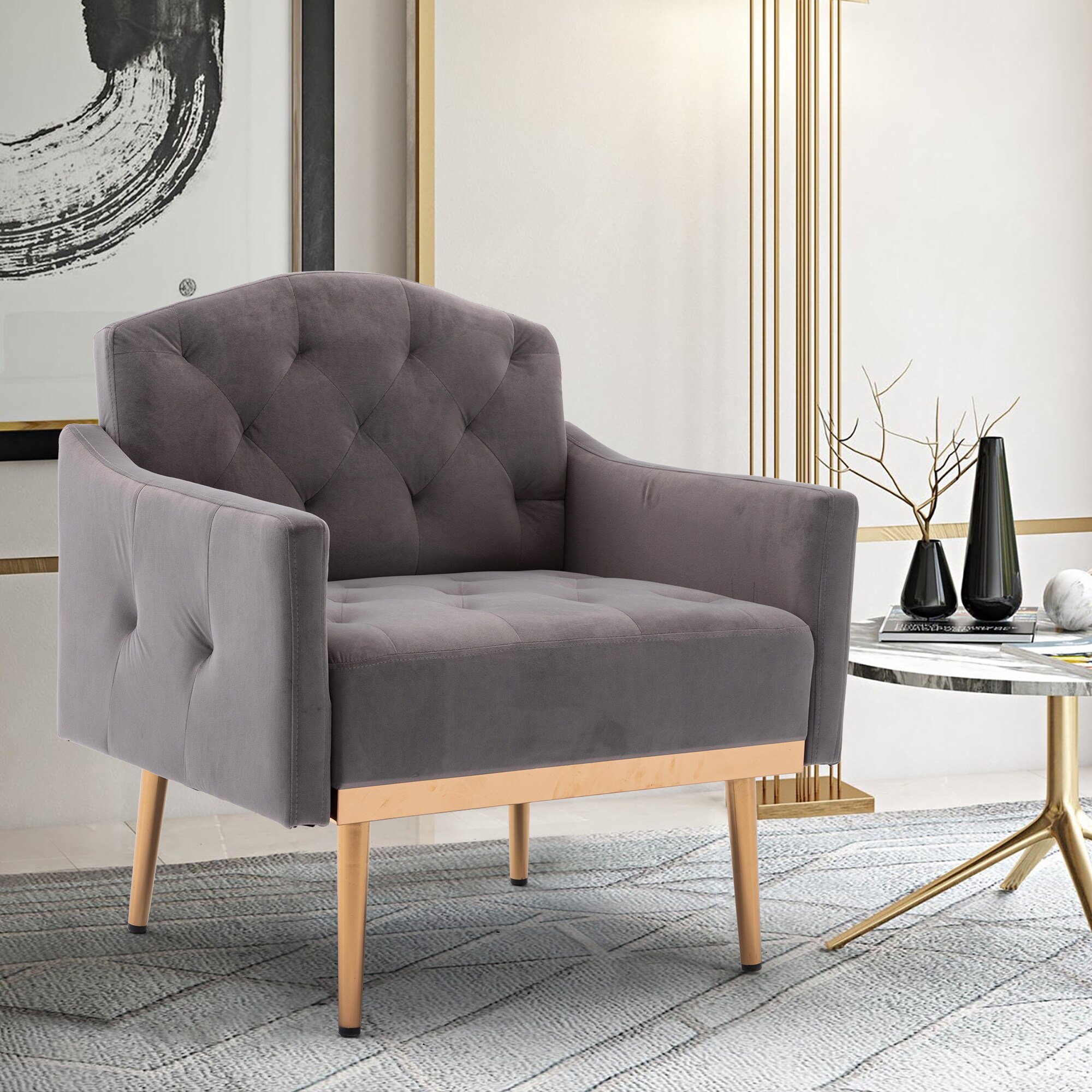 Clihome Gray Velvet Single Chair Modern Gray Velvet Accent Chair in the ...