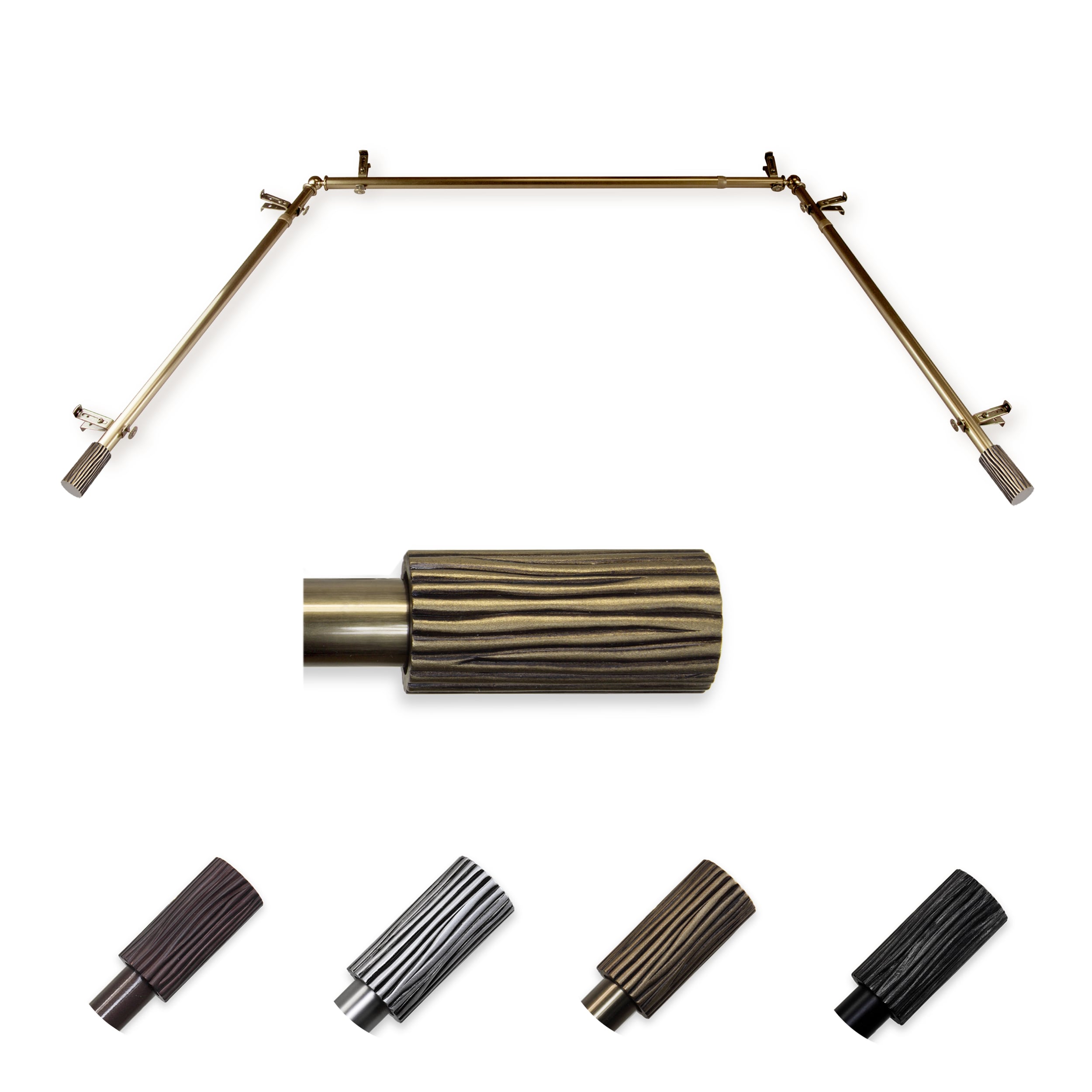 Hart & Harlow LO-ABAY-97-4 72-in to 144-in Antique Brass Steel Bay window curtain rod with Finials
