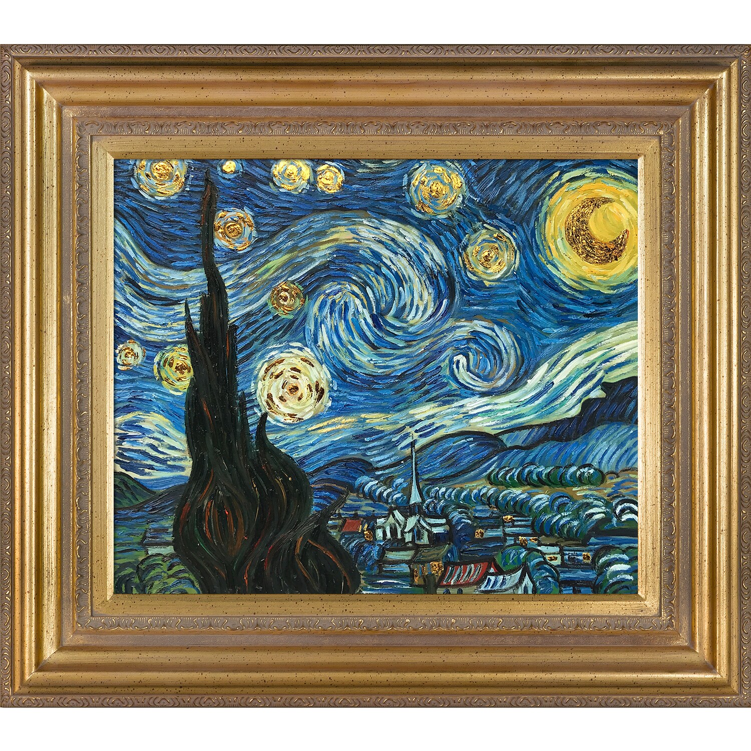 La Pastiche 688576505855 Starry Night (Luxury Line) Vincent Van Gogh Gold Wood Framed 30-Inches H x 34-Inches W Landscape Canvas Hand-Painted Painting