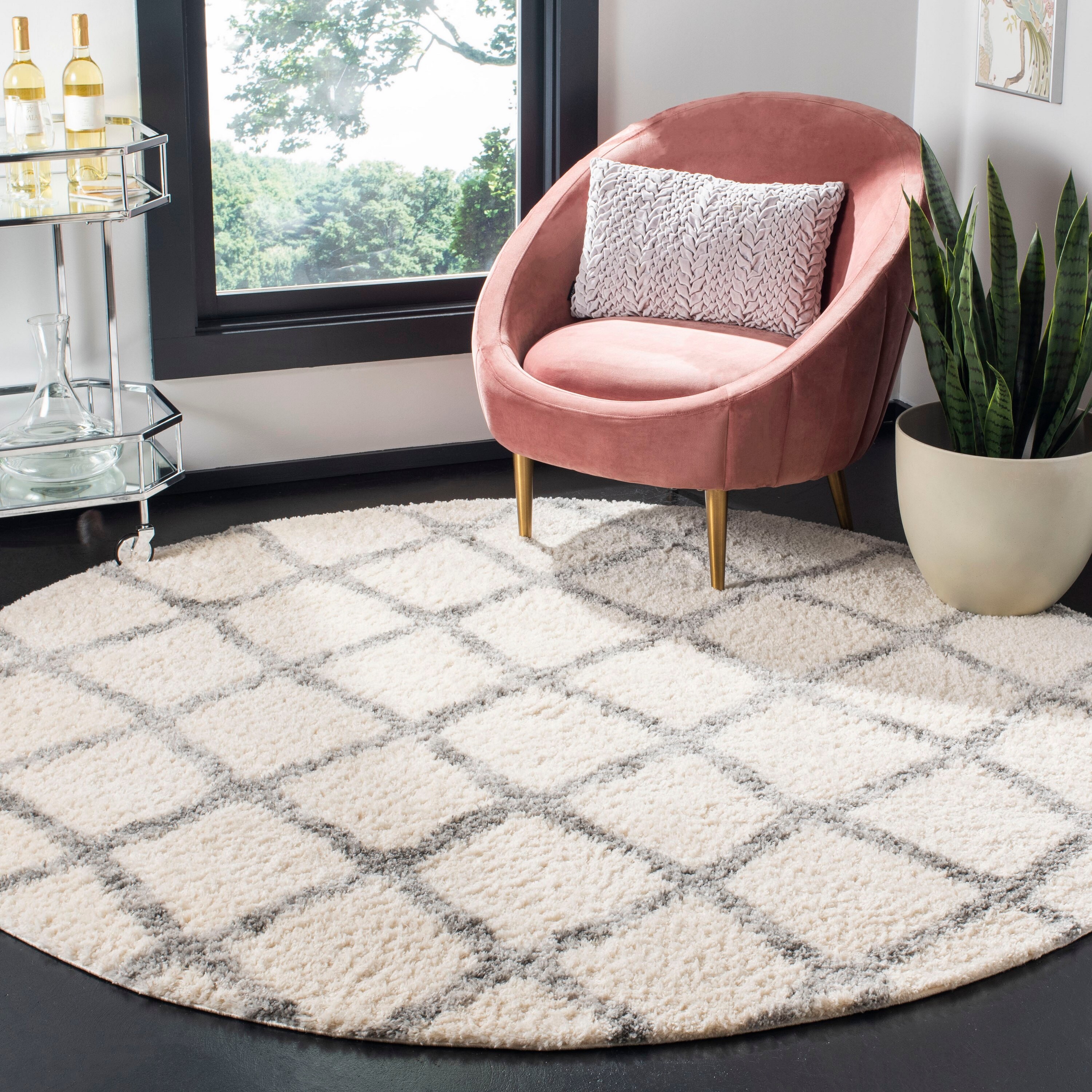 Safavieh BER215B-3R Berber Shag 3 x 3 (ft) Loomed Polypropylene Ivory/Gray Round Indoor Trellis Moroccan Throw rug