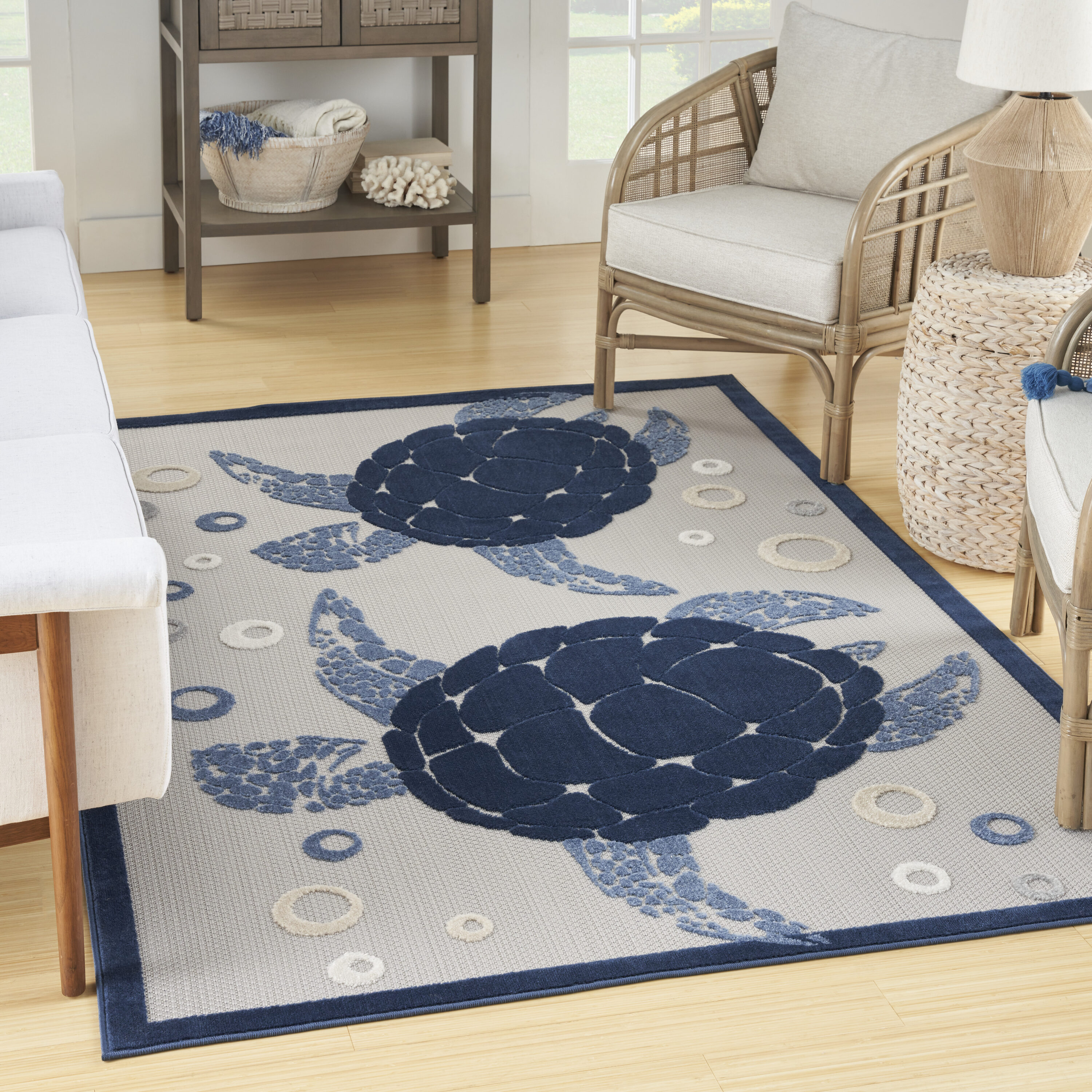 Nourison 099446136022 Aloha 4 x 6 (ft) Loomed Polypropylene Navy Blue Rectangular Indoor/Outdoor Animal print Coastal Area rug