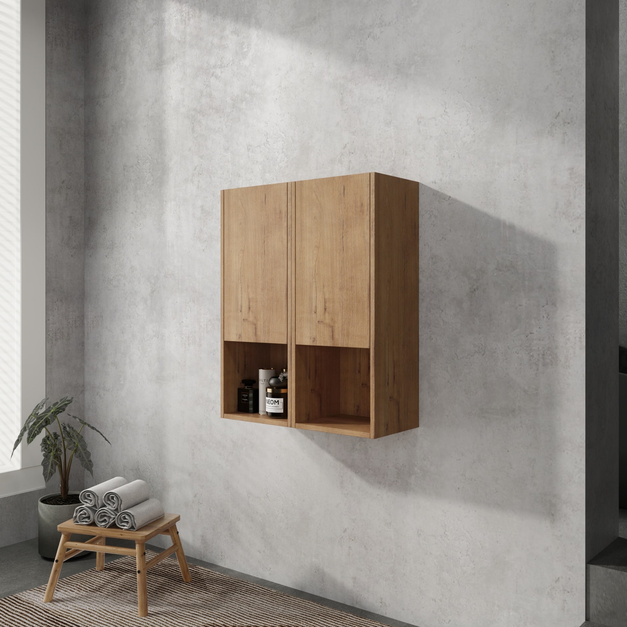 Wooakway 24 in Bathroom Side Cabinet Soft Close Doors Float Mounting Design Imitative Oak Over the Toilet Storage Cabinet Wall Mounted Bathroom Cabinet
