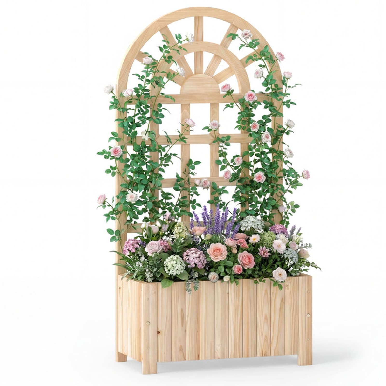 SUGIFT 24 x 12 x 48-in Wooden Raised Garden Bed with Trellis Natural Fir Wood Outdoor Planter Box with Lattice Privacy Screen for Climbing Plants