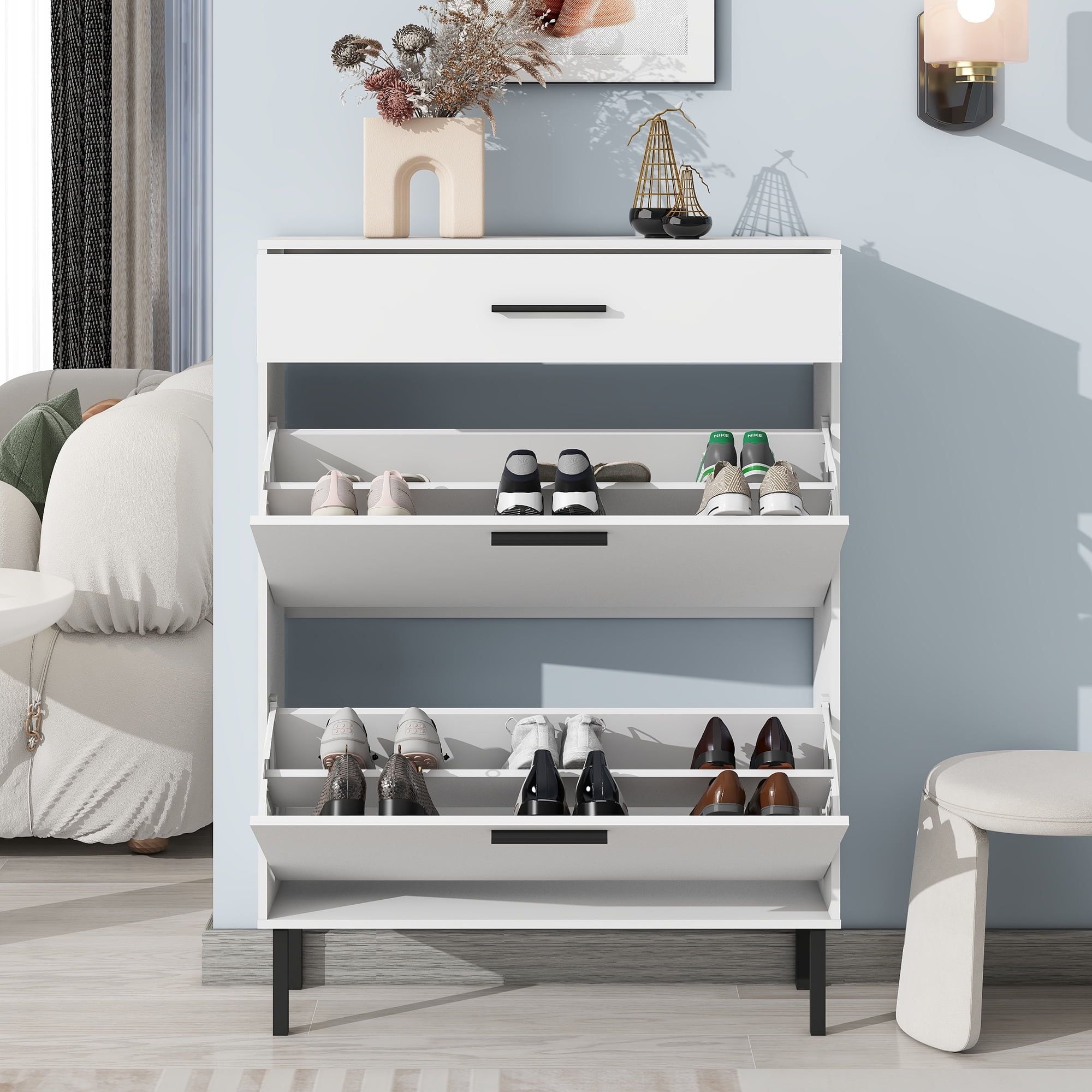 JUSHUA - Shoe Cabinet Freestanding Shoe Rack Storage Organizer with Drawers and Metal Legs Modern...