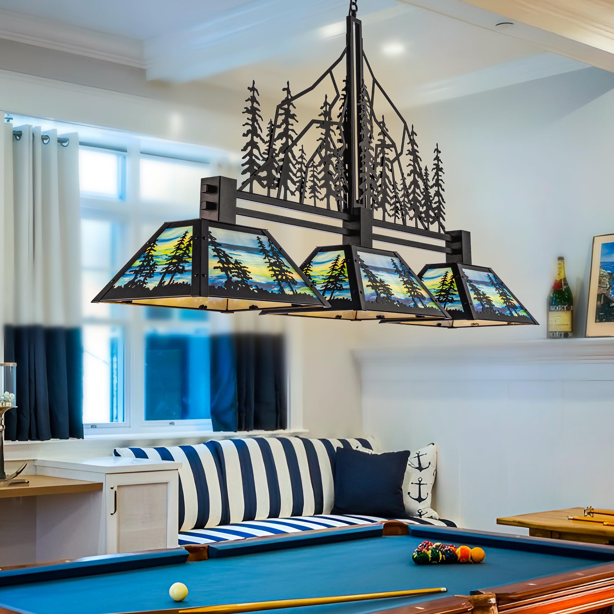 Vrbgify  Tiffany Style Pool Table Light Black Rustic Kitchen Island Chandelier Nature Forest Pendant for 3ft 4ft 5ft Game Room Artistic Glass