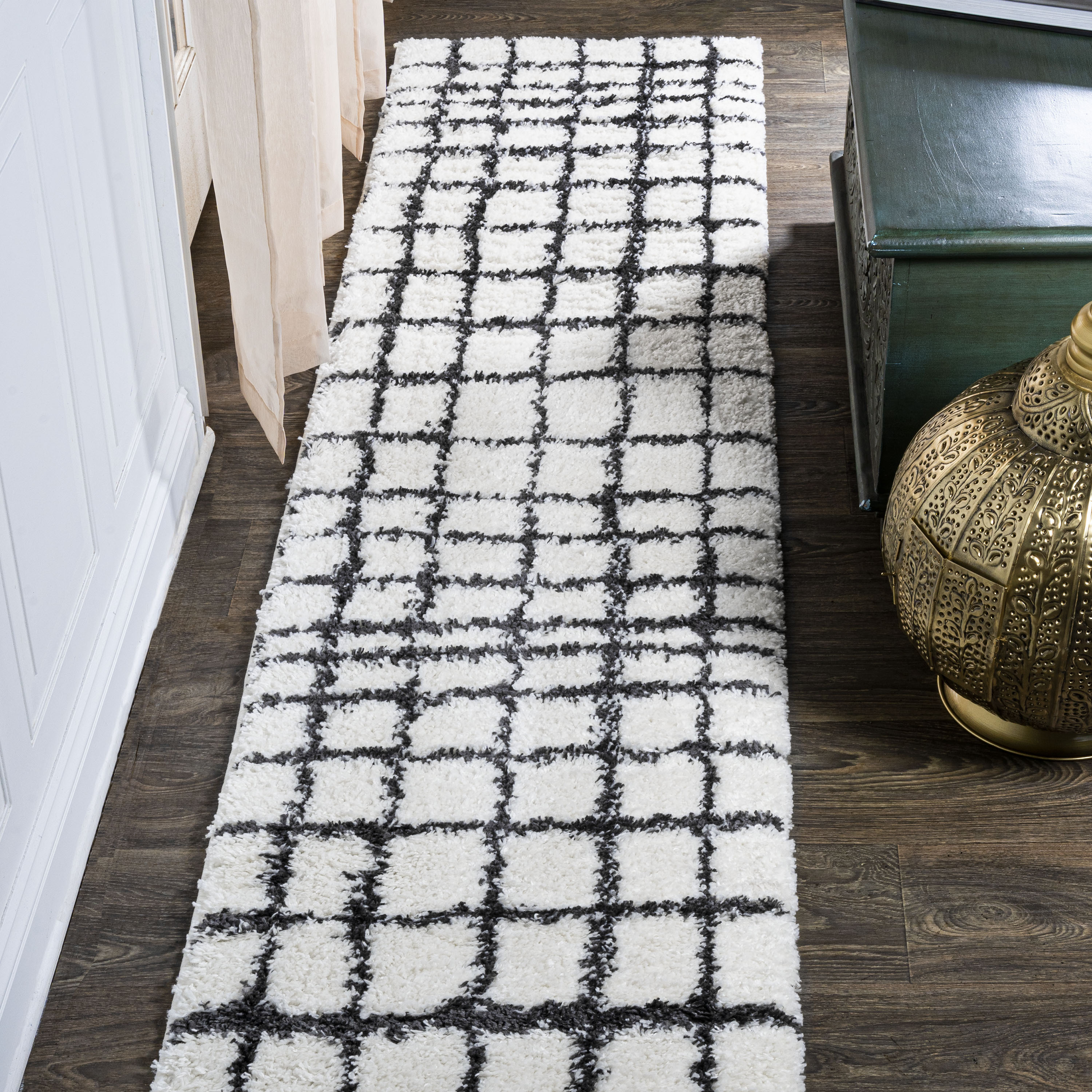 Ivory and Black Moroccan-Inspired Geometric Shag Rug