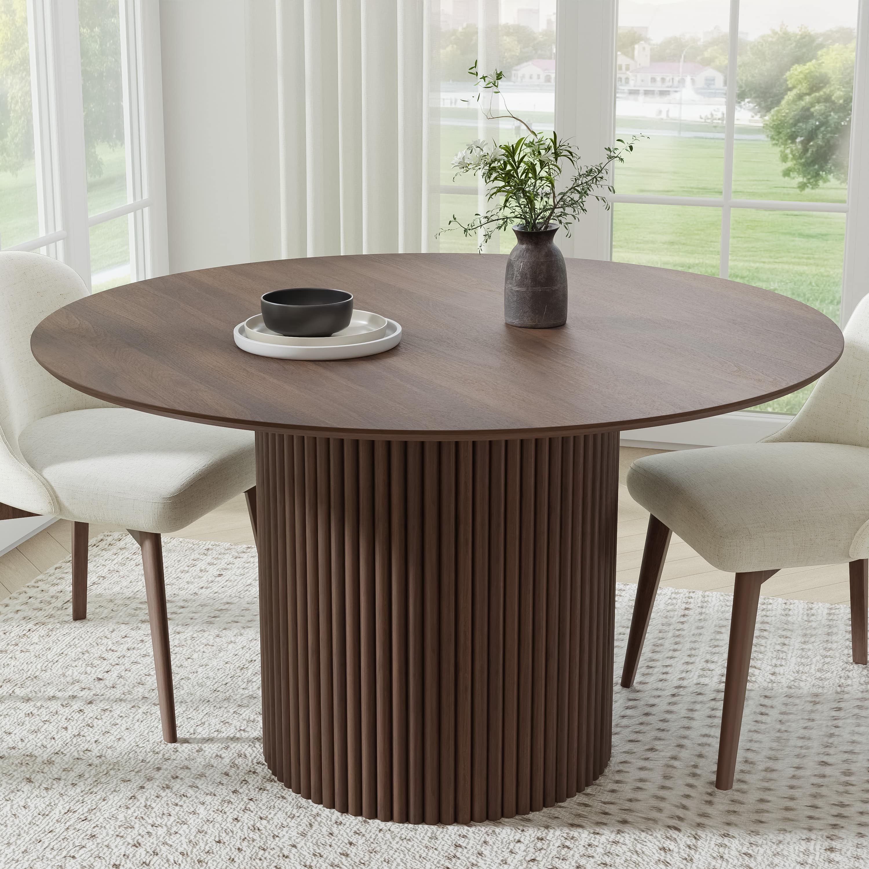 Dovelina LS0101-81815 52-in Walnut Round Pedestal Dining Table Wood Kitchen Tables for 6