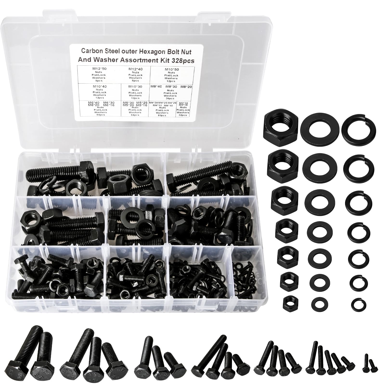 AKSCYZM  Metric Hex Head Nuts and Bolts Assortment Kit 328 Pieces Grade 8.8 Carbon Steel M3 to M12 Sizes with Flat and Lock Washers