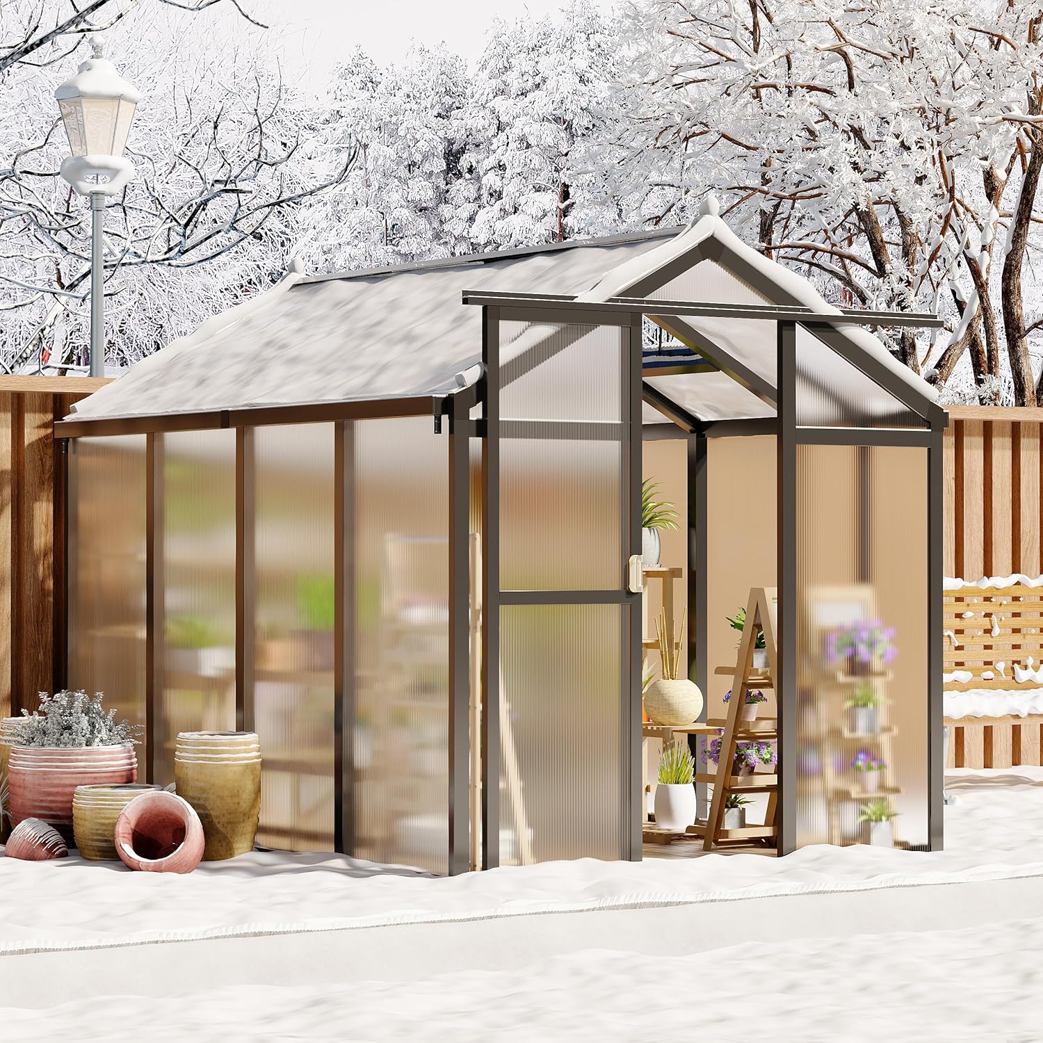 Qeetex QET-GH-WK03 6x8 FT Greenhouse Polycarbonate Greenhouse for Outdoors with 1 Roof Vent and Rain Gutter Quick Setup Sliding Lockable Door Large Aluminum Walk-in Greenhouse for Outside Garden Backyard Black