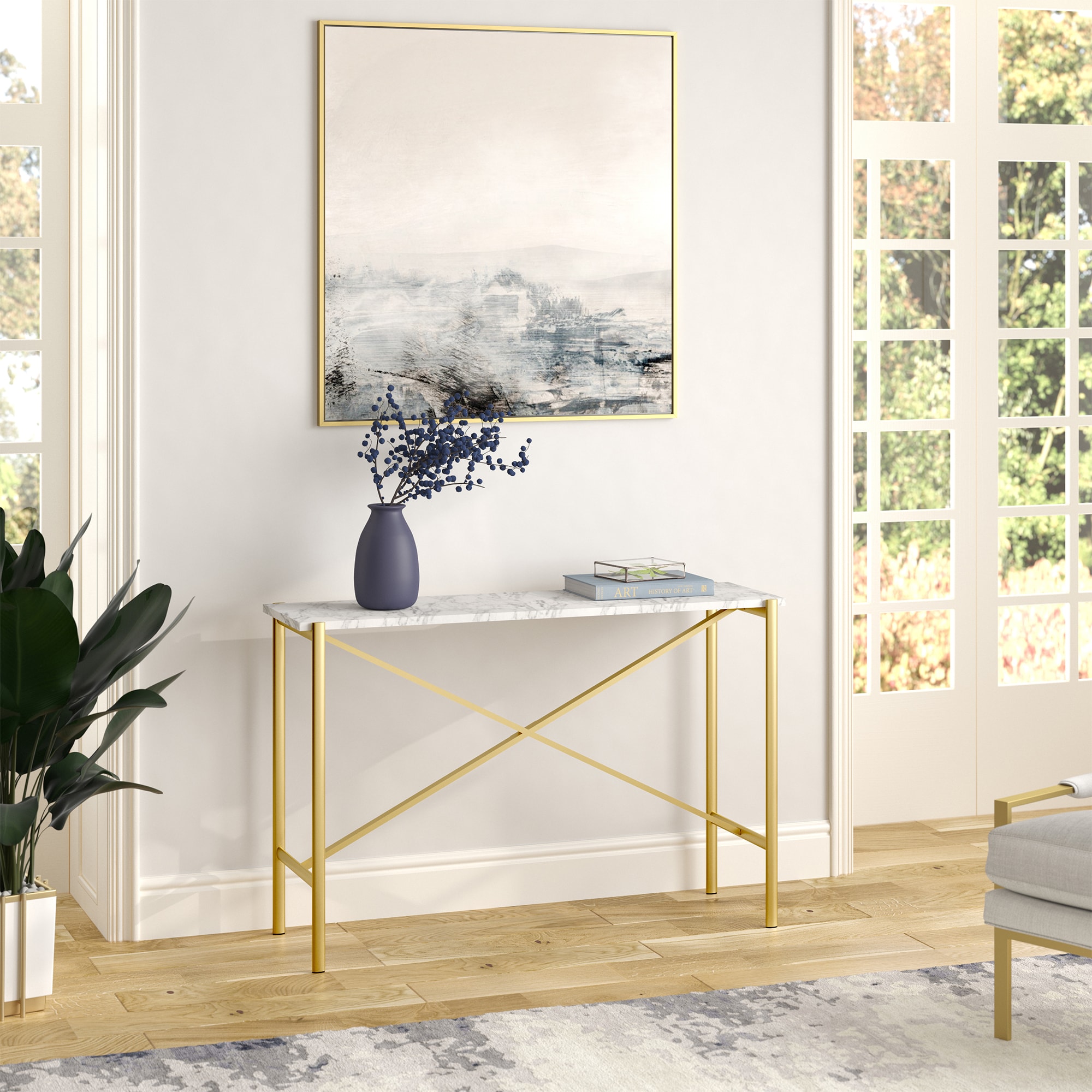 Braxton 46" Gold Finish Console Table with Faux Marble Top