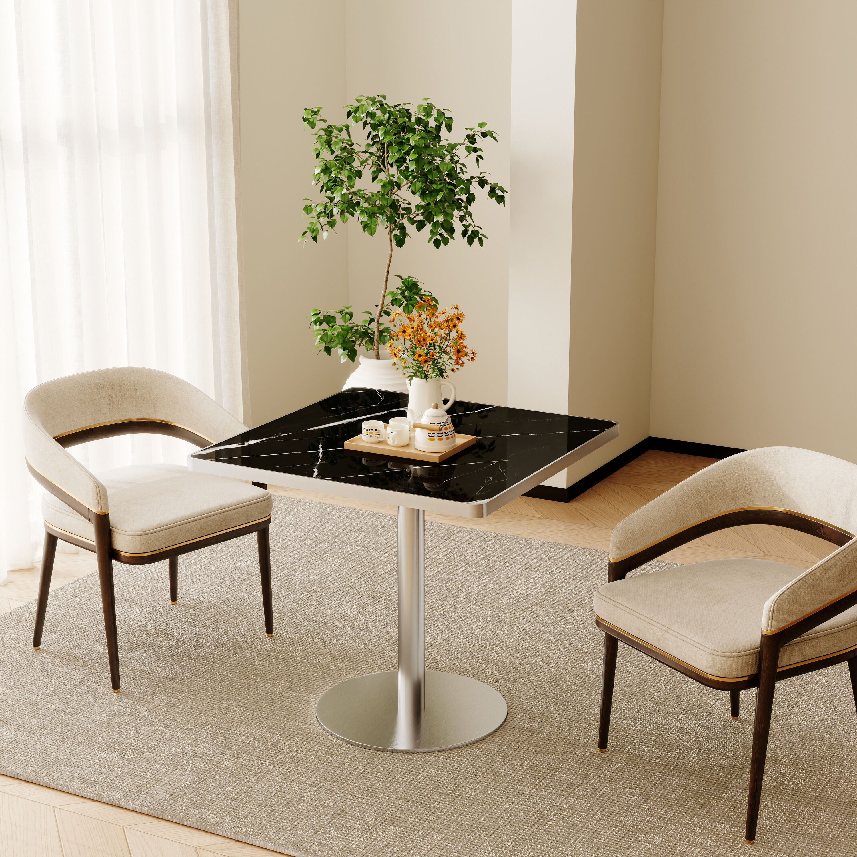 GDFStudio Light Grey Square Sintered Stone Bistro Table Modern Tulip Table with Faux Marble Top Sturdy Metal Frame Easy Assembly for Dining Room Kitchen
