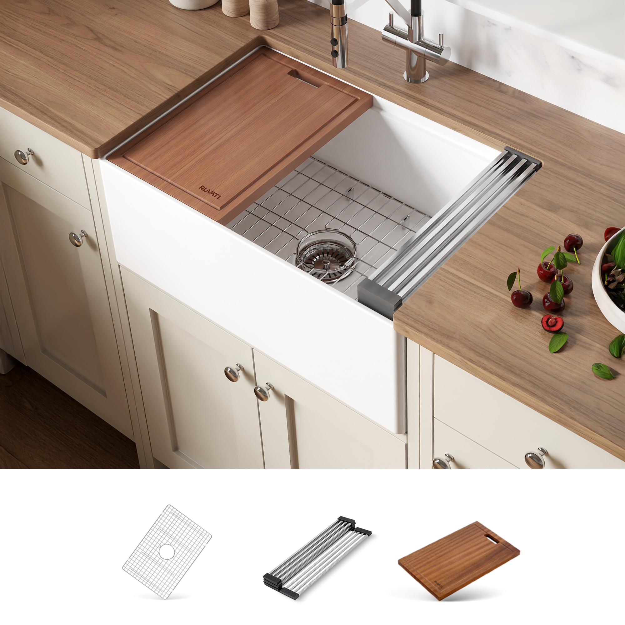 Ruvati RVL2781WH Fiore Farmhouse apron front 27-in x 18-in Fireclay Single bowl Workstation Kitchen Sink