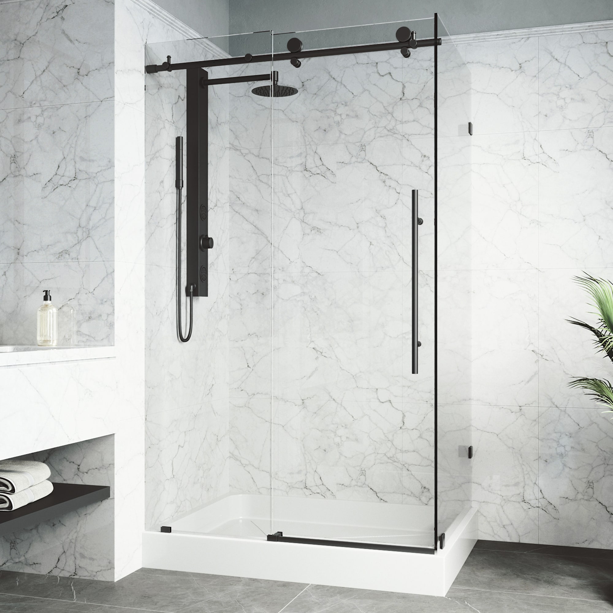 VIGO VG6053MBCL48WL Elan E-Class 2 -Piece 48-in W x 36-in L x 82-in H Rectangular Corner shower kit ( Left Drain) Base and Door Included Black Hardware Included