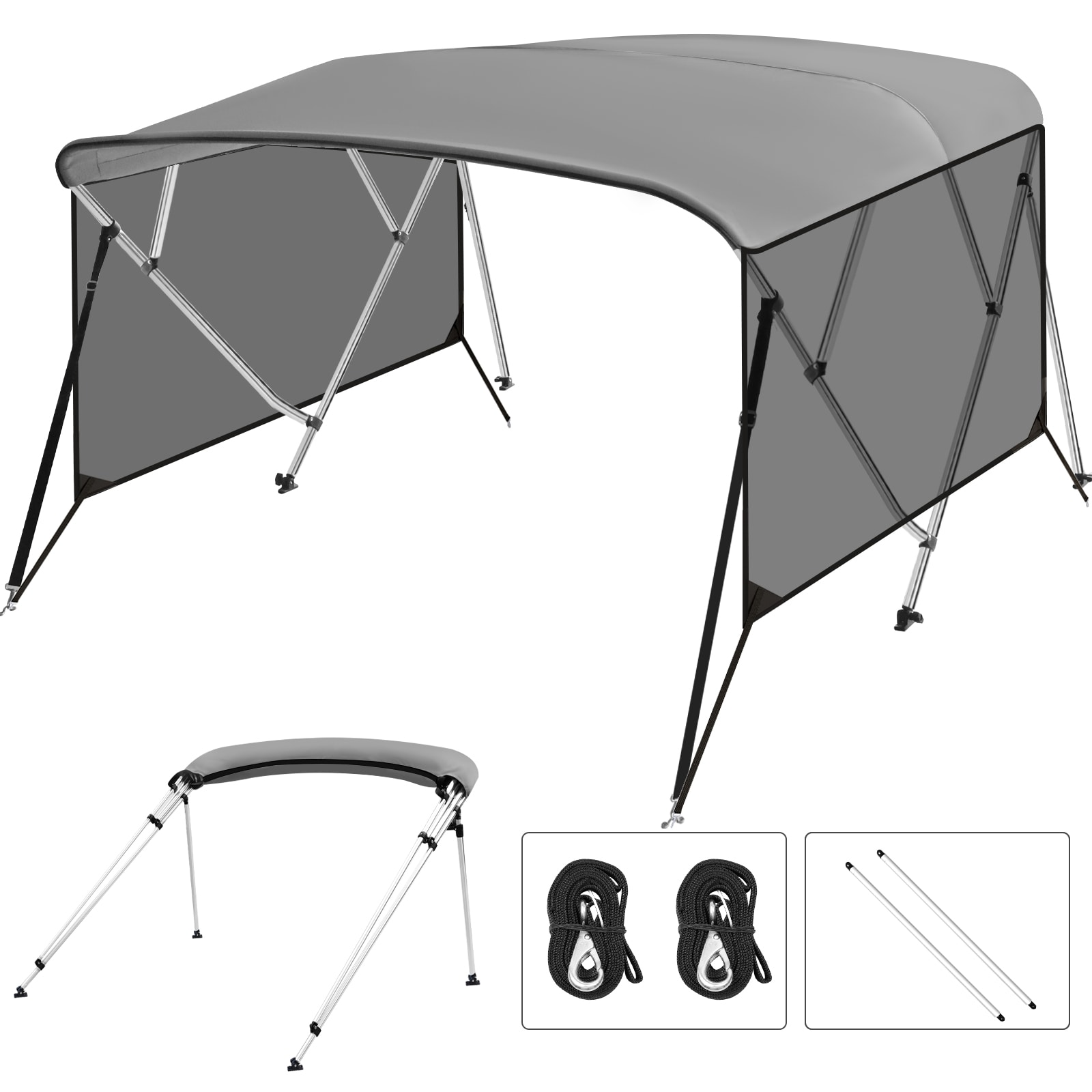 Garvee 4 Bow Marine Bimini Top Canopy PU Coated Canvas Gray Fits 91 to 96 Inch Wide 8 Ft Long 1 Inch Aluminum Alloy Frame and Zippered Storage Boot Grey