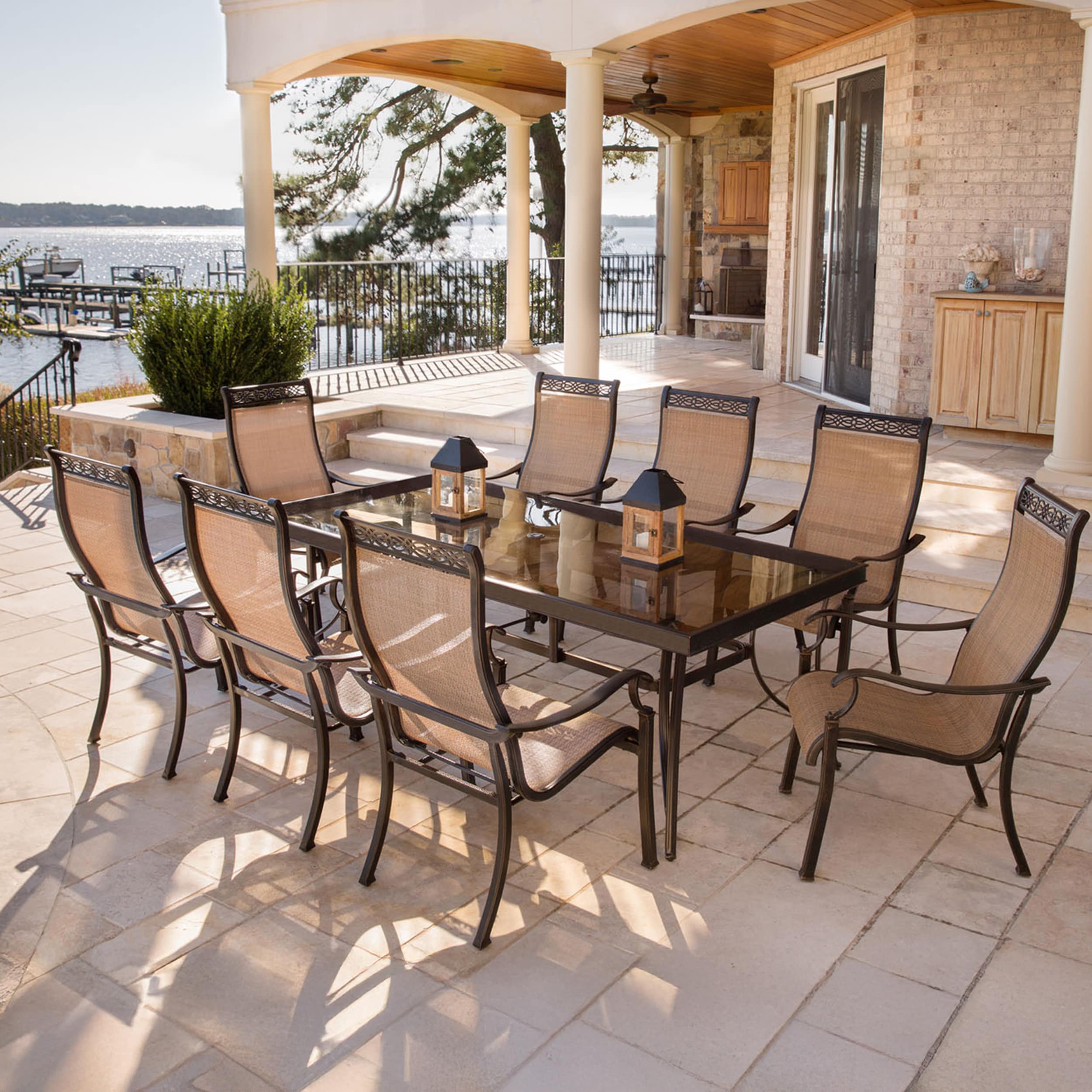 Hanover MONDN9PCG Monaco 9-Piece Bronze Patio Dining Set Aluminum Table with 8 Tan Stationary Chairs