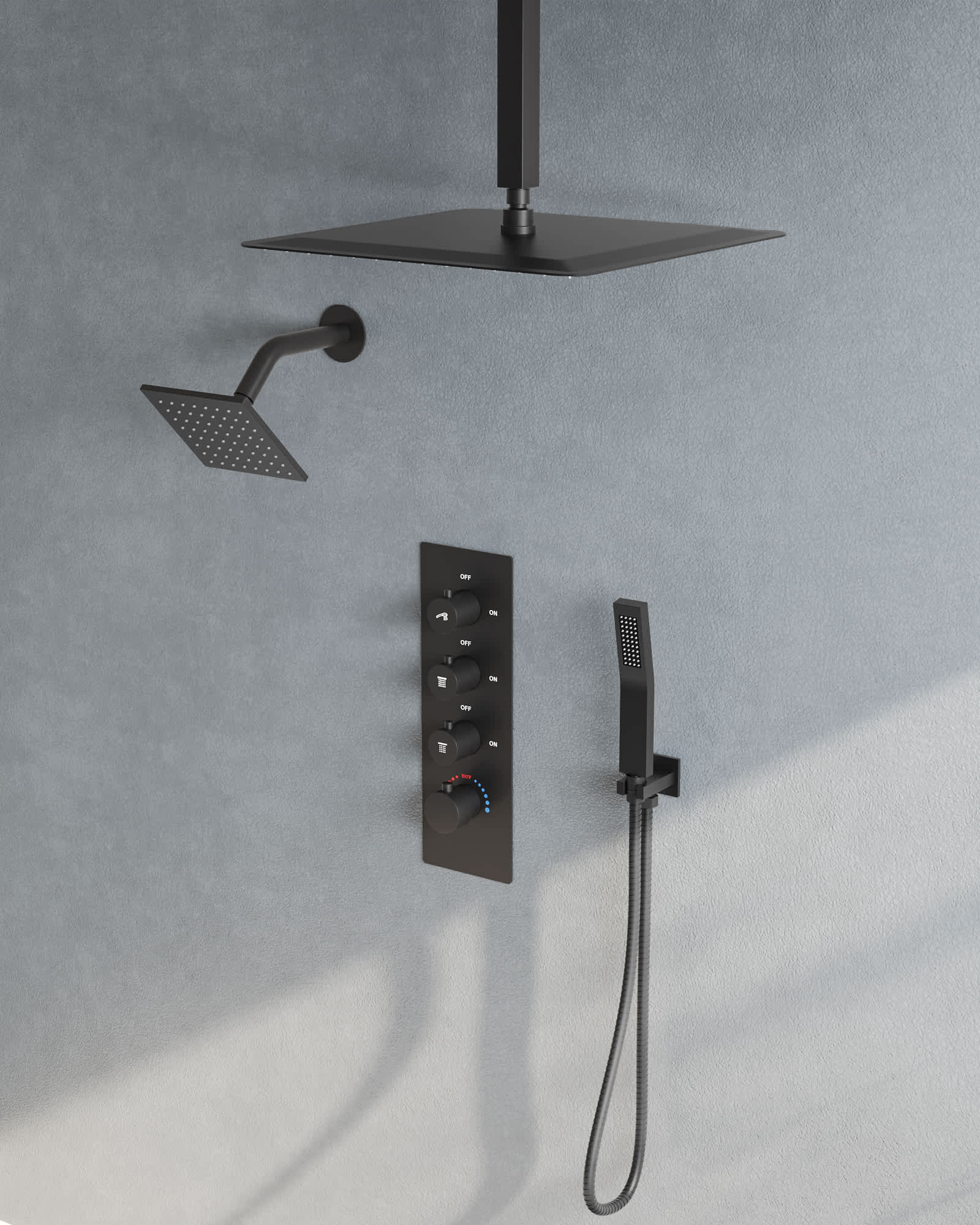 EVERSTEIN SFS-1061-BK16 7-Spray 16 and 6 in. Dual Shower Heads Ceiling Mount Fixed and Handheld Shower Head in Matte Black (Valve Included)