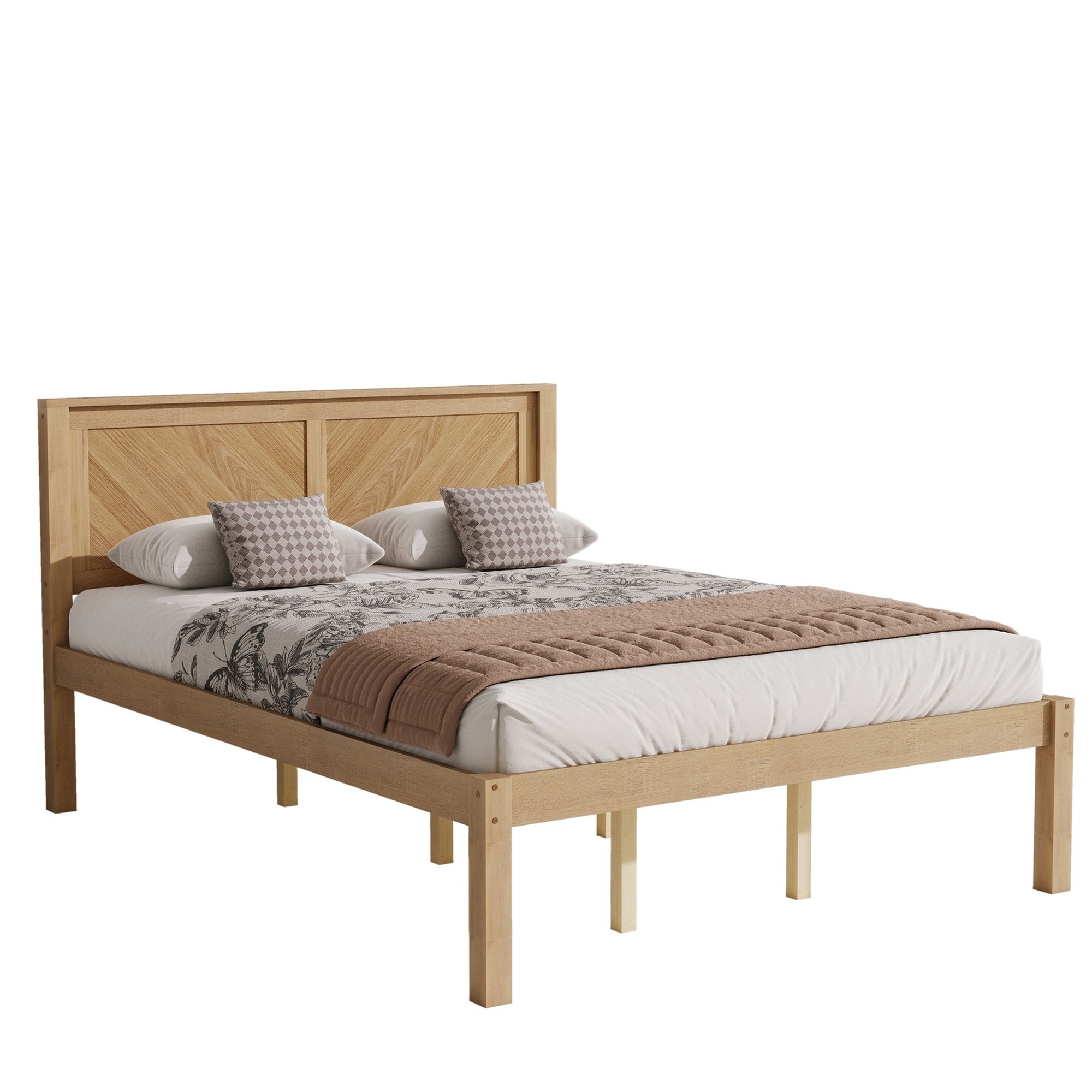 UOI Queen Size Natural Oak Finish Solid Wood Platform Bed Frame with Herringbone Wood Headboard and Under Bed Storage Clearance