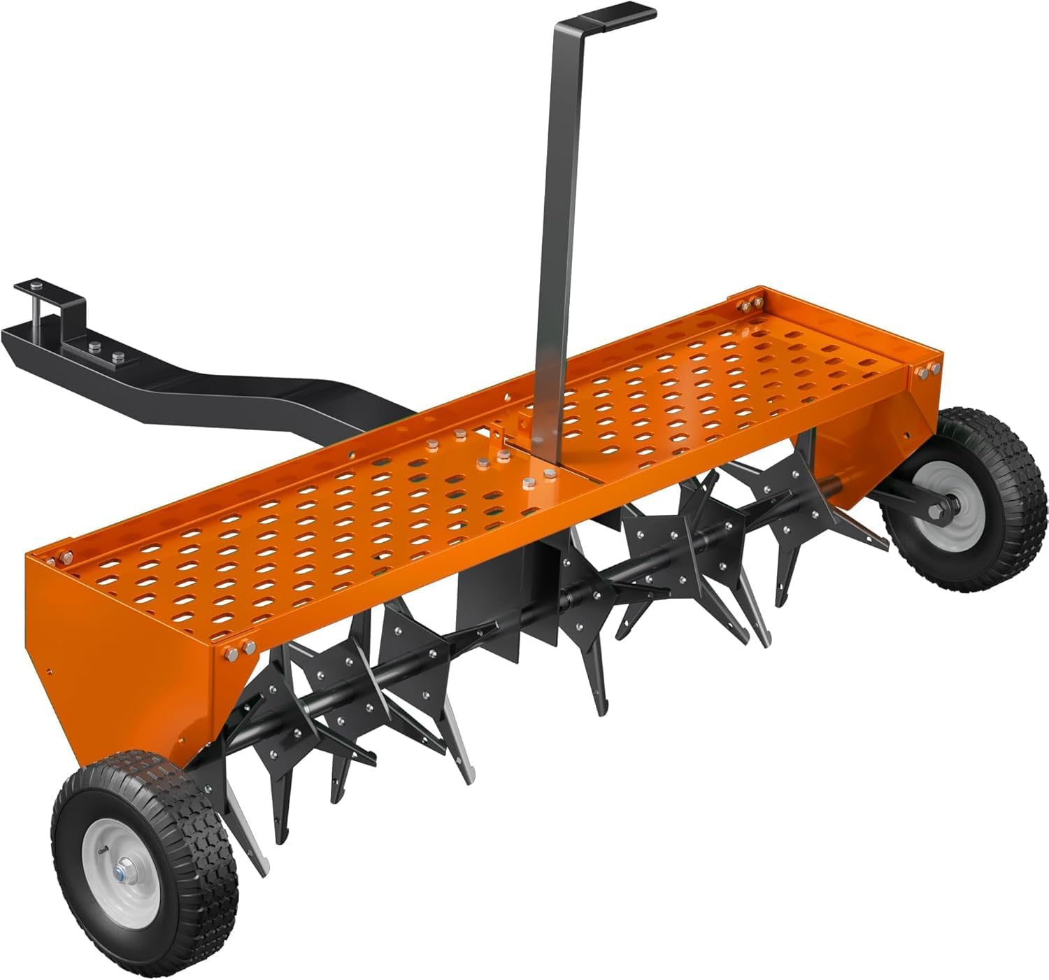 GAOMON Spike Lawn Aerator 48in Tow-Behind Plug Aerator with 32 Steel Tines Heavy-Duty Weight Tray and Pneumatic Tires for Lawn Farm and Garden Orange