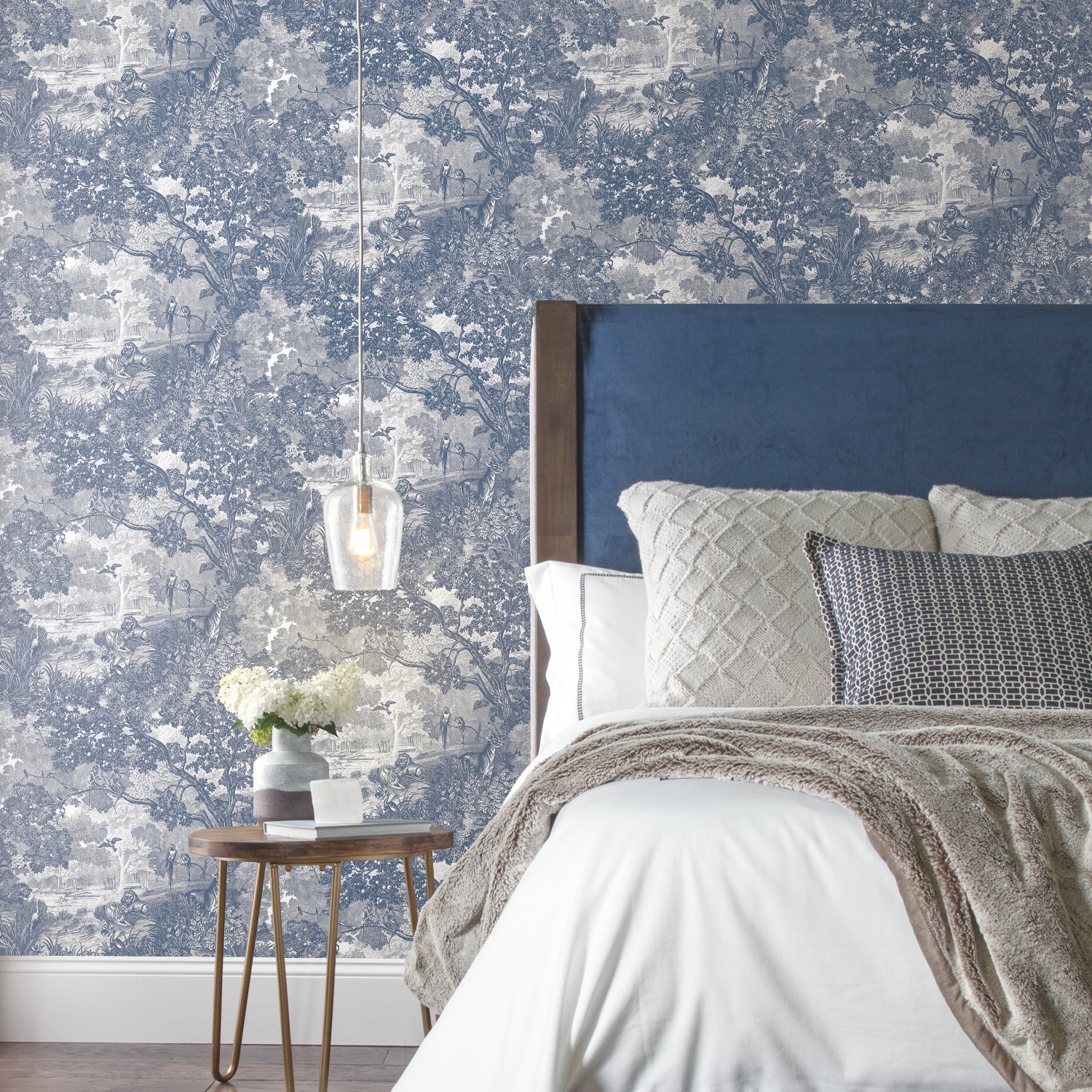 Blue and Gray Jungle Toile Peel and Stick Wallpaper Roll