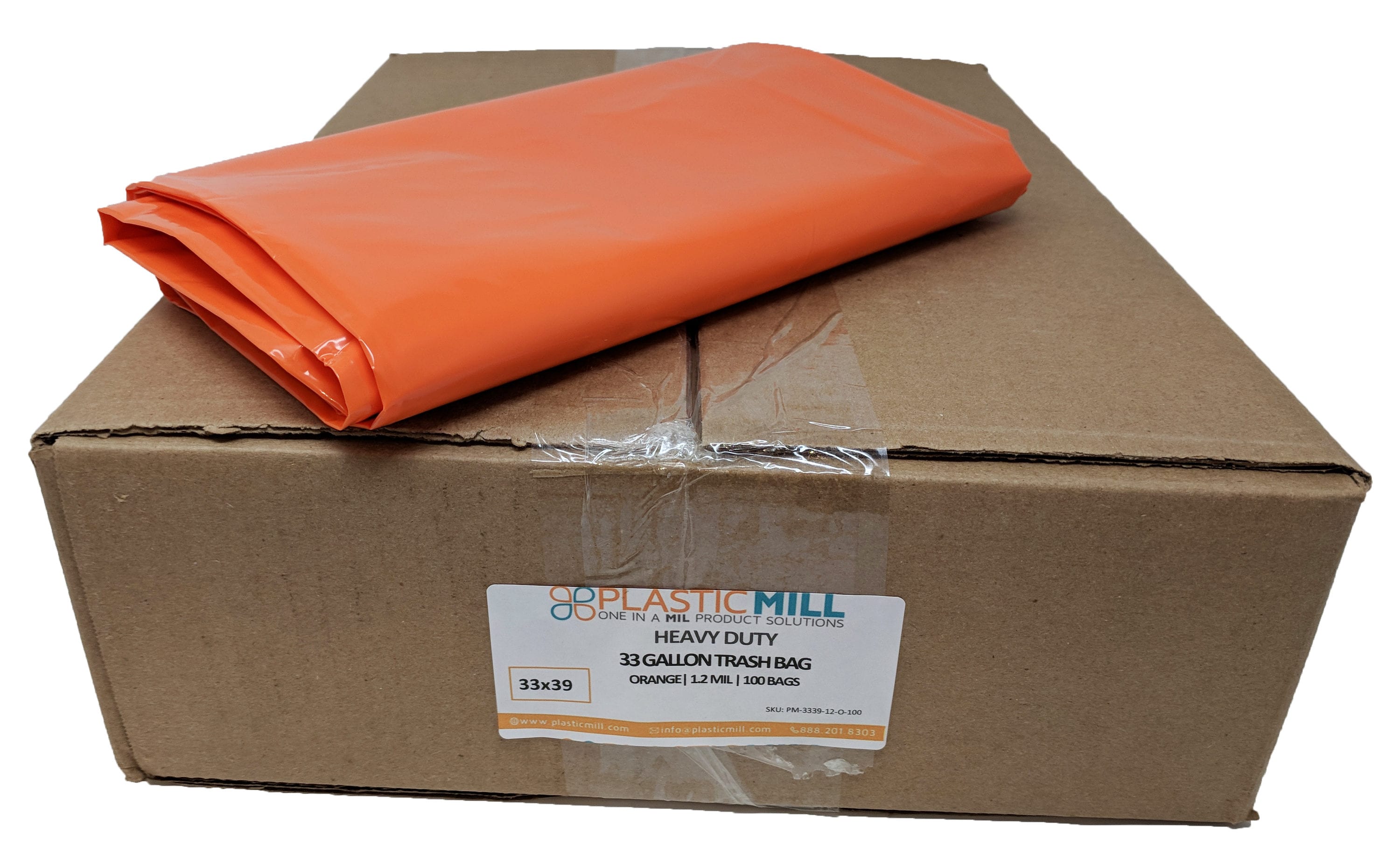 PlasticMill 33 Gallon Orange 1.2 Mil 33x39 100 Bags/Case Garbage Bags/Trash