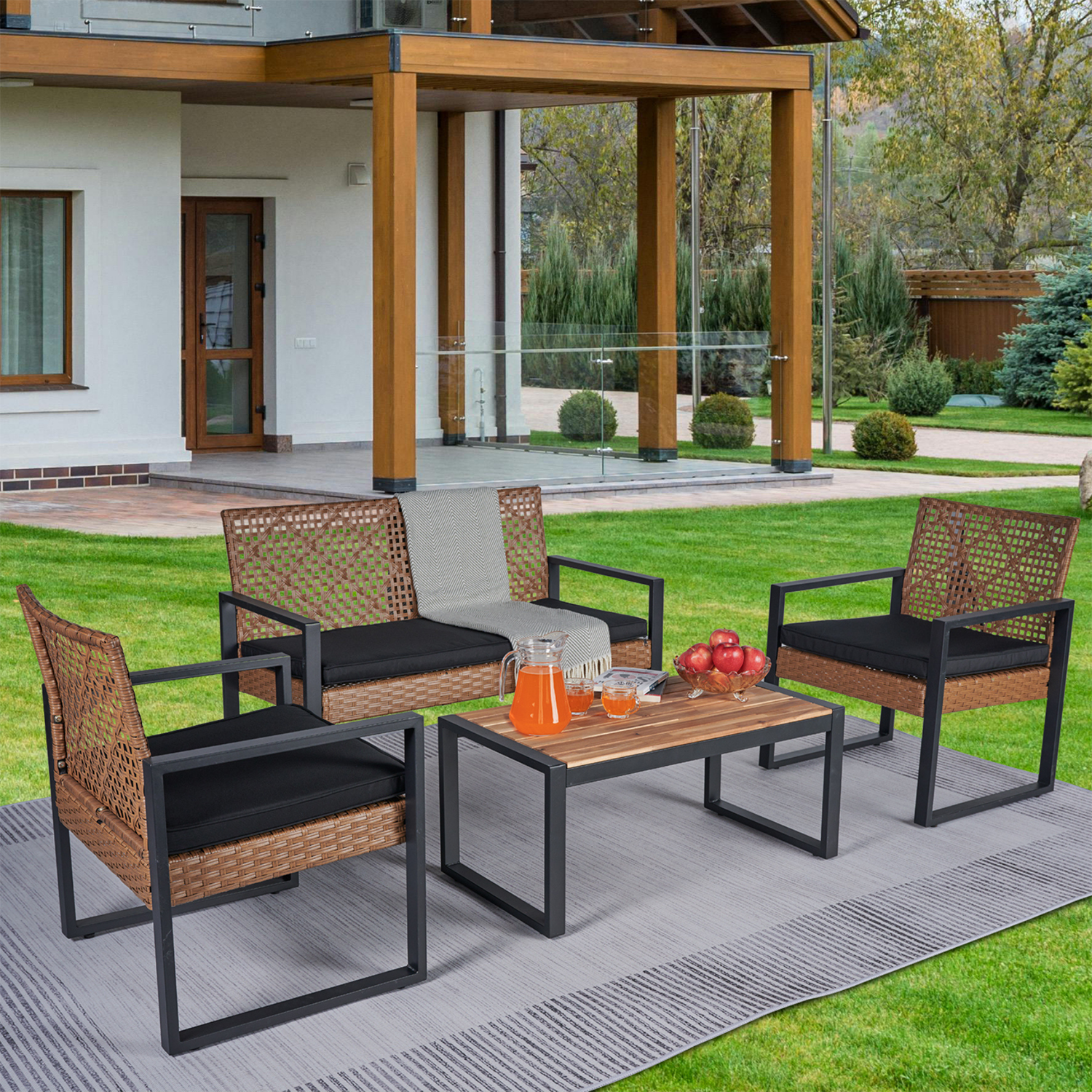 Mondawe MO-BEF49818 4 -Piece Wicker Patio Conversation Set with Black Cushions