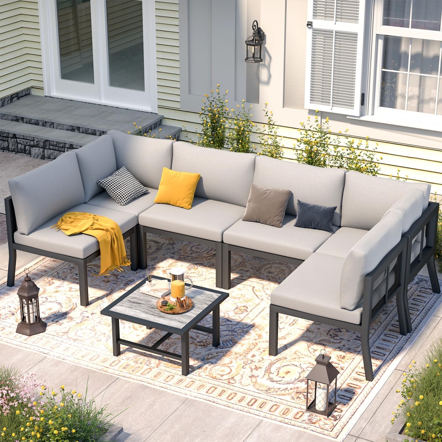 AECOJOY 16317GY-LS01 Conversation Set Outdoor Sectional with Gray Cushions and Iron Frame