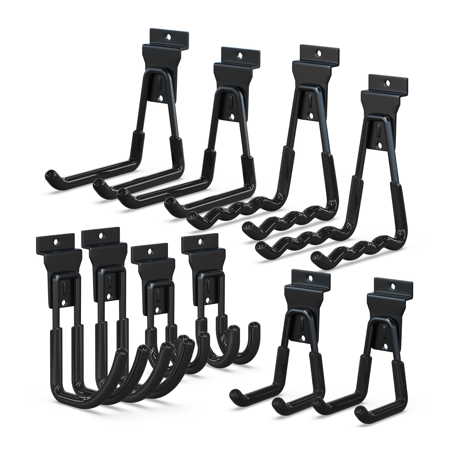 Etokfoks  10 Pack Slatwall Hooks and Hangers Set with Five Sizes Heavy Duty Steel Black Wave J and Square Hooks for Garage Wall Panels
