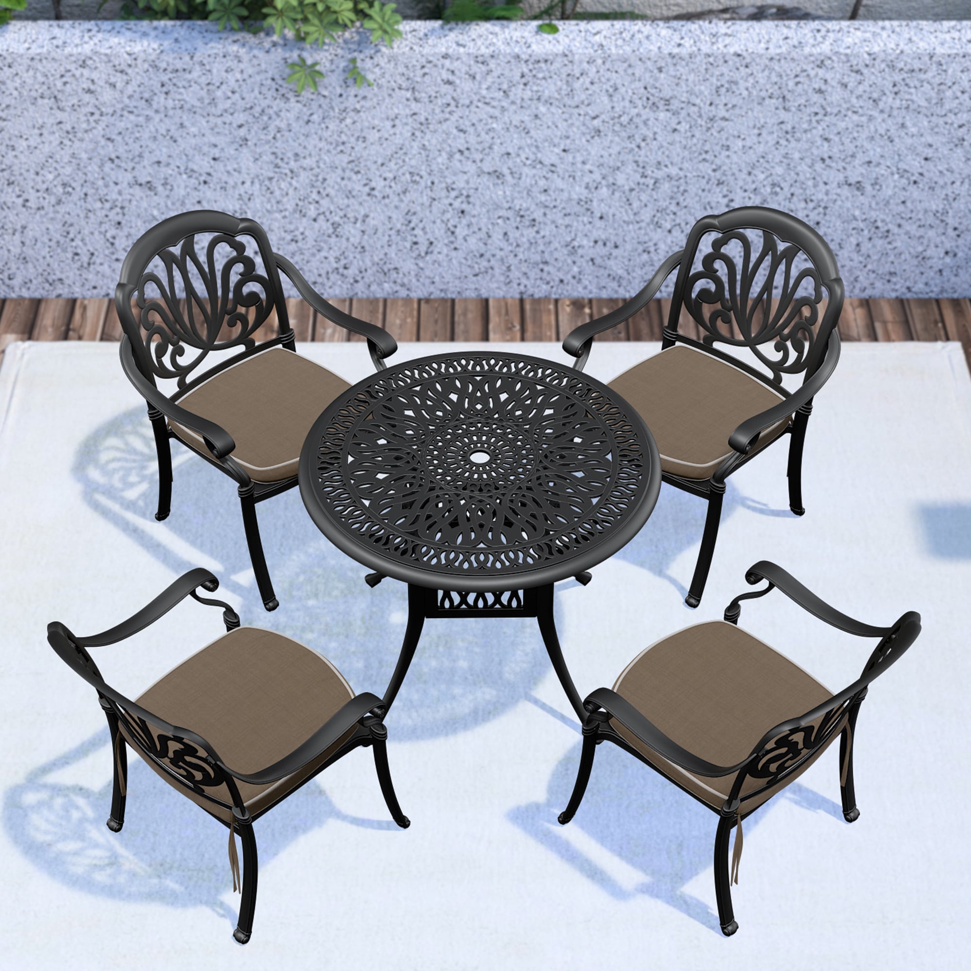 nicesure CSLBK6002CZ4RC1002 5 -Piece Black Patio Dining Set Aluminum Round Table with 4 Cushions Stackable Stationary Chairs