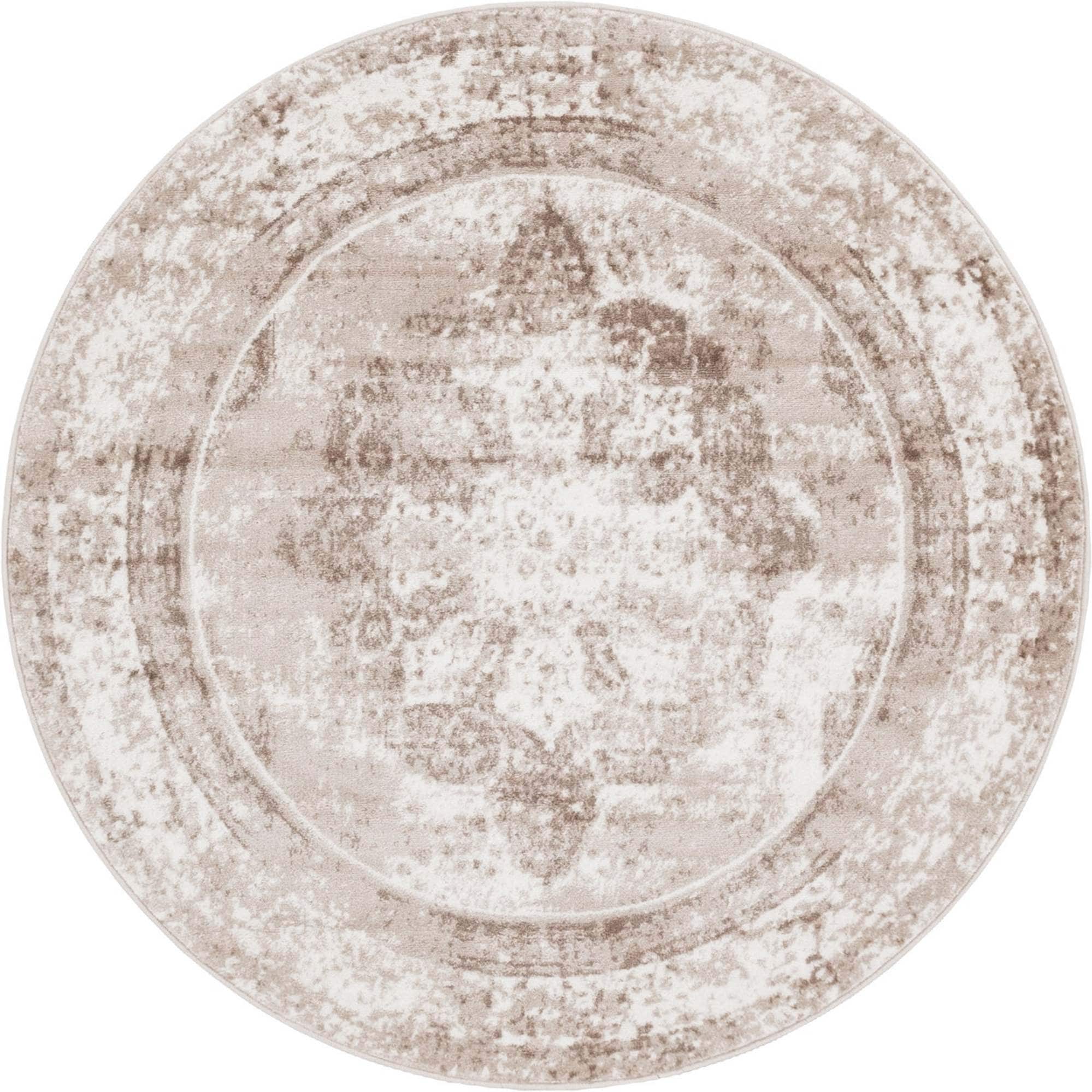 Beige and Brown Round Synthetic Easy Care Rug