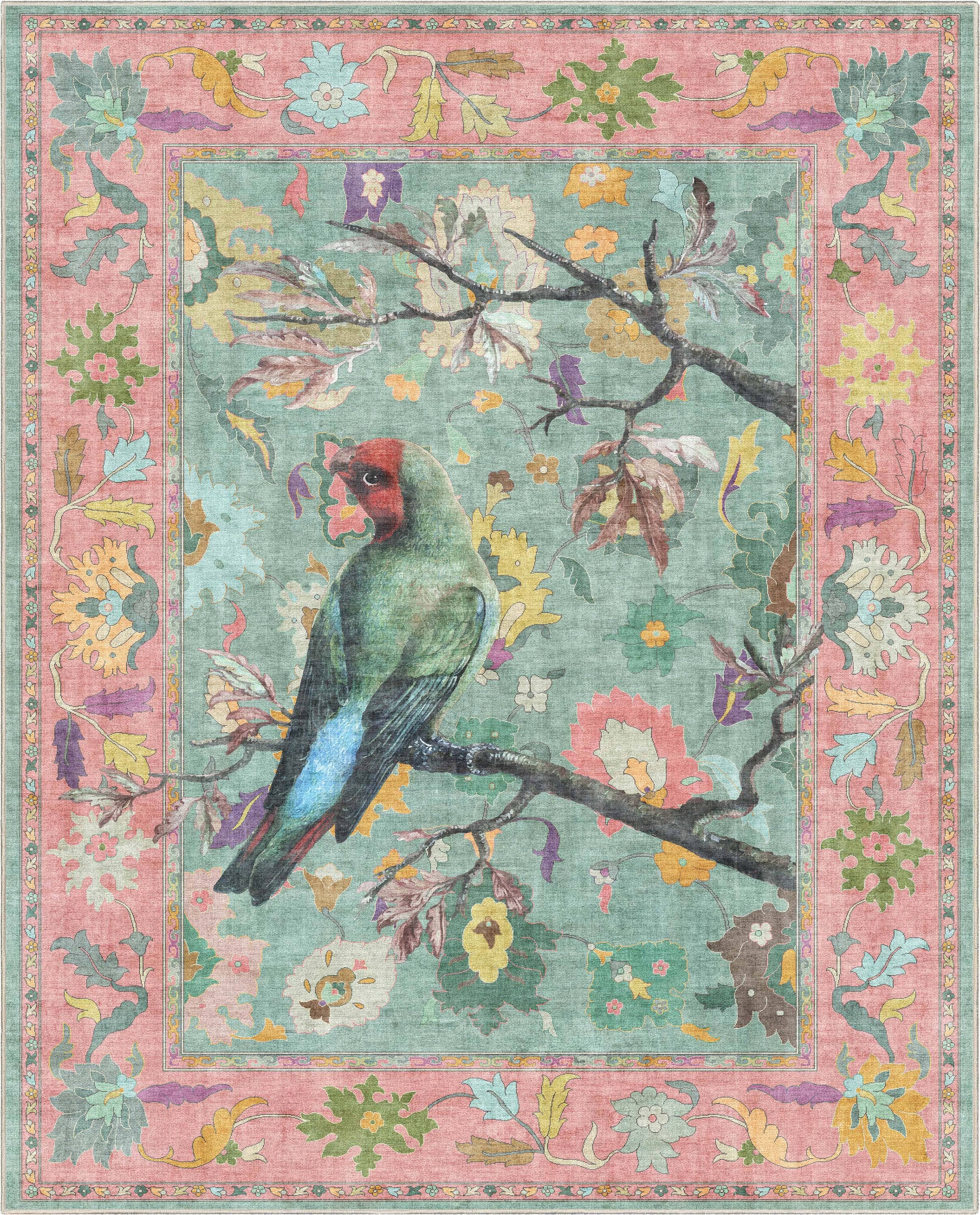 Botanical Birds Green Multi 5'3" x 7'3" Synthetic Area Rug