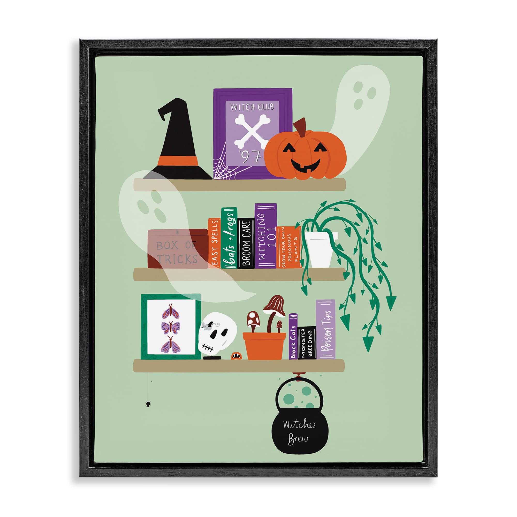 Stupell Industries BT-493-FFB-16X20 Witchy Halloween Bookshelf Black Framed Floater Canvas Wall Art By Sazerelli Designs 17 x 21