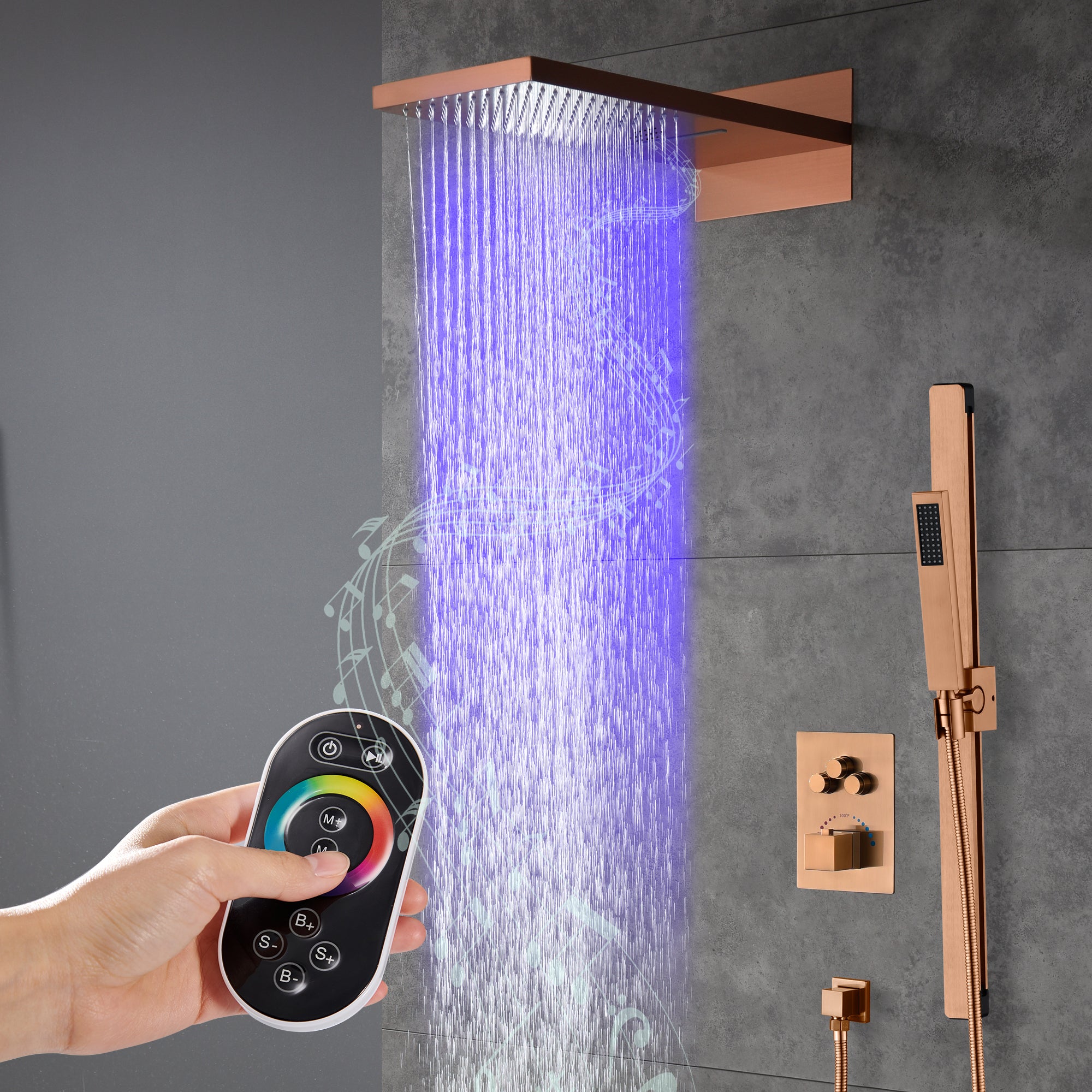 Wonderland America  Rose Gold 22-Inch Bluetooth Music 64 Led Lights 3-Way Thermostatic Shower Faucet with Rainfall in F3 Valve Style Waterfall and Sliding Bar