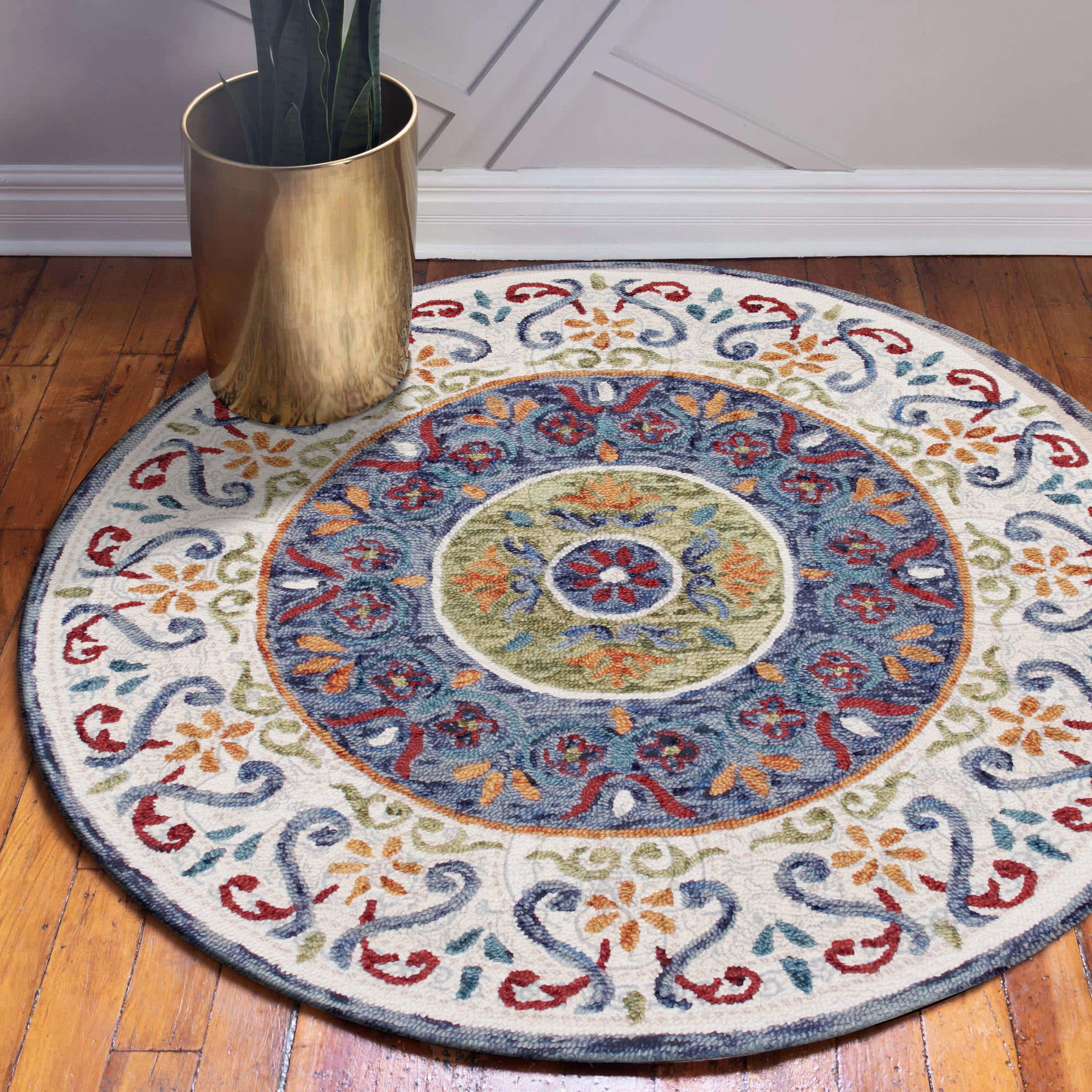Handmade Blue and Multicolor Wool Round Medallion Rug