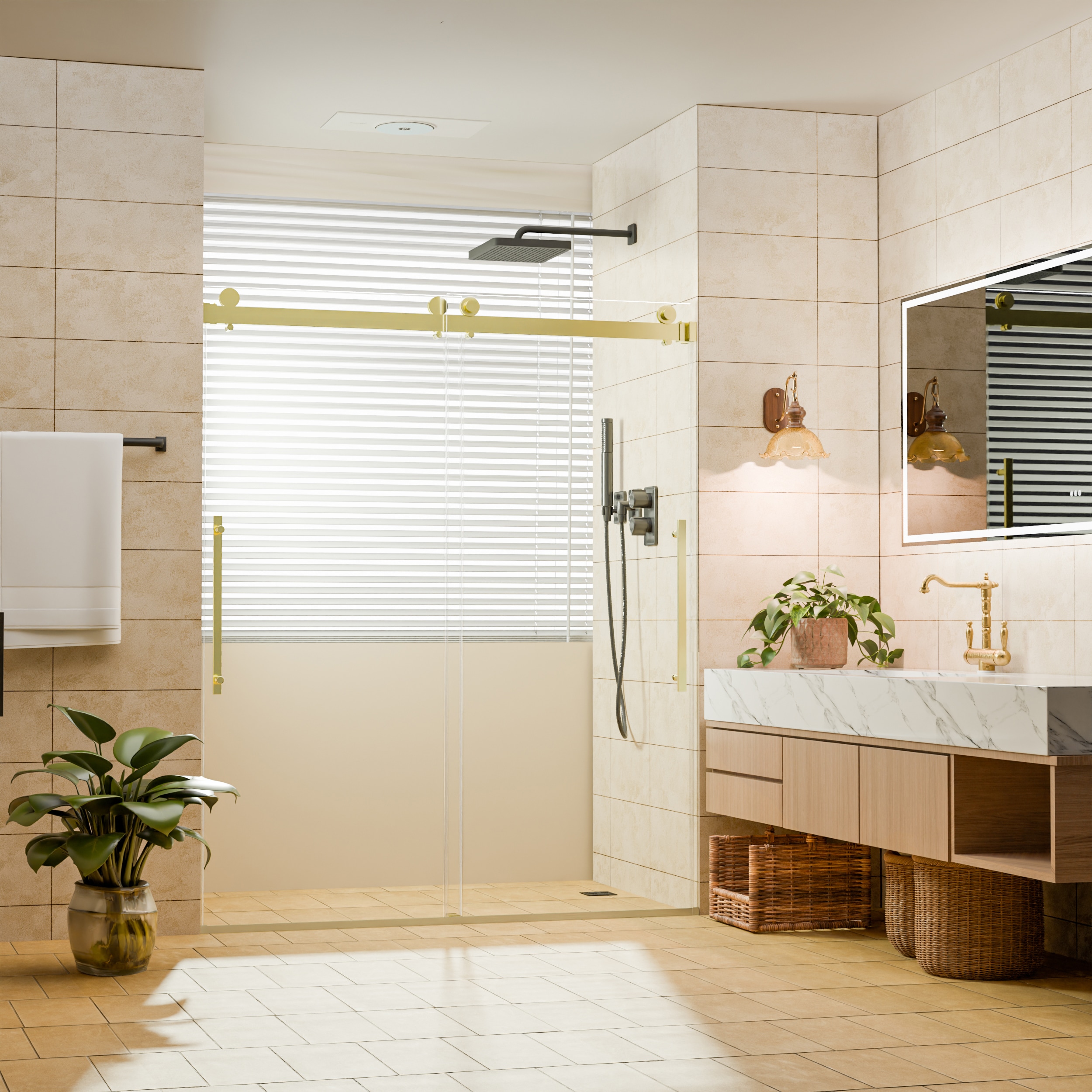 Velusian 38-42 in. W x 74 in. H Frameless Bypass Sliding Shower Door with Nano-Coated Clear Tempered Glass Brushed Gold