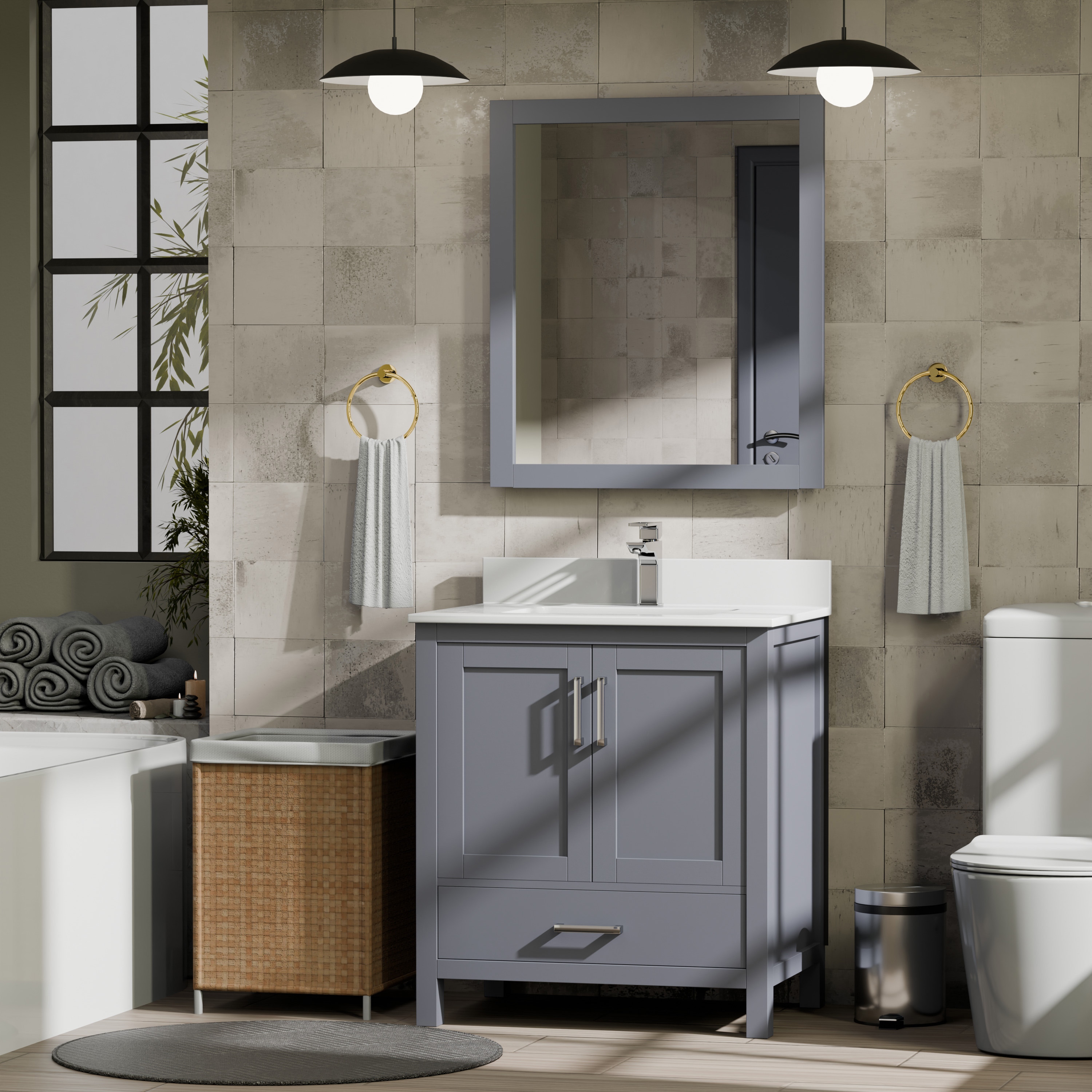 Lexora LVJ30SB310 Jacques 30-in Dark Grey Undermount Single Sink Bathroom Vanity with White Cultured Marble Top (Mirror Included)