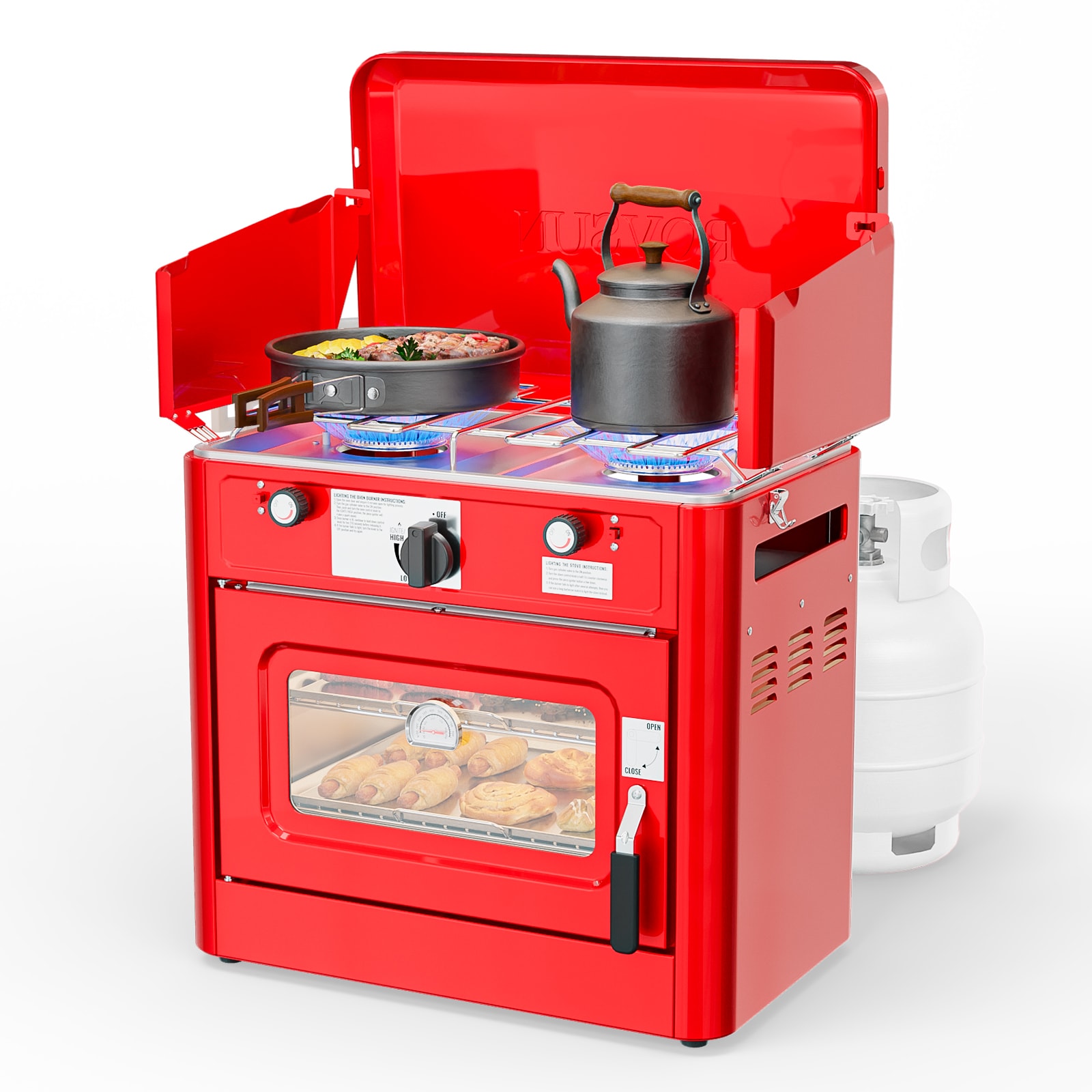 ROVSUN 16000BTU 2-Burner 2-in-1 Portable Camping Stove and Propane Oven with Piezo Igniter Thermometer Wind Panel and Regulator Red