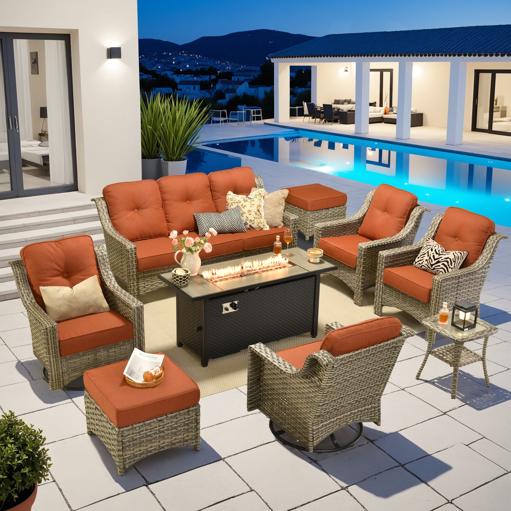 Pouuin SDFPYZPAD80C9 10 -Piece Wicker Patio Sofa Conversation Set with Red Cushions