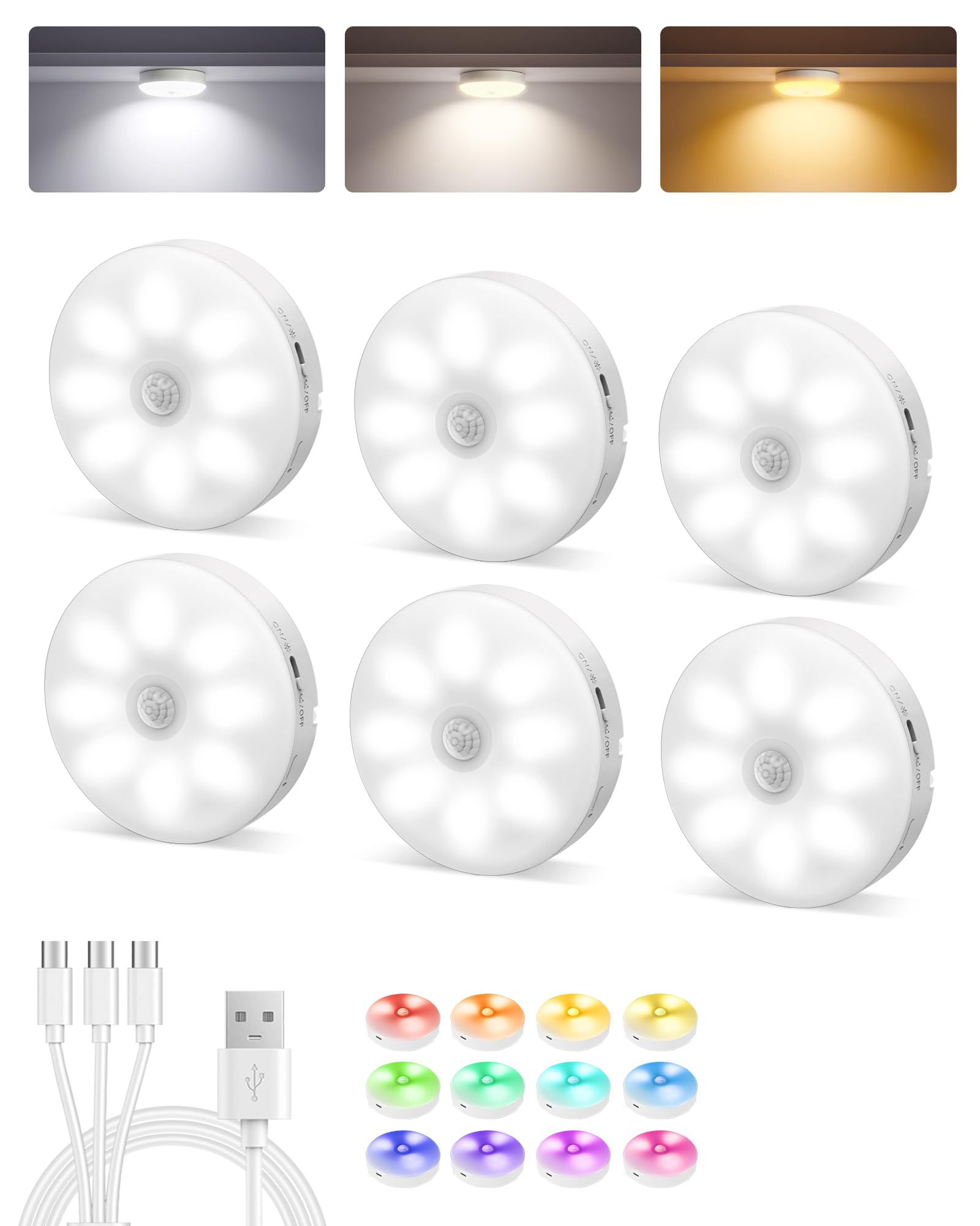 EZVALO EZL2415A-6-WH Motion Sensor Puck Lights Adjustable Under Cabinet Light Control 6 Pack