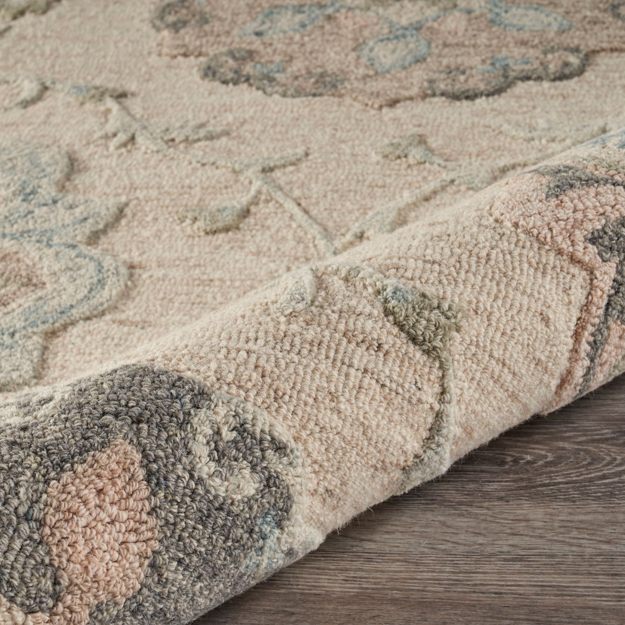 Ivory and Light Blue Round Floral Wool Area Rug