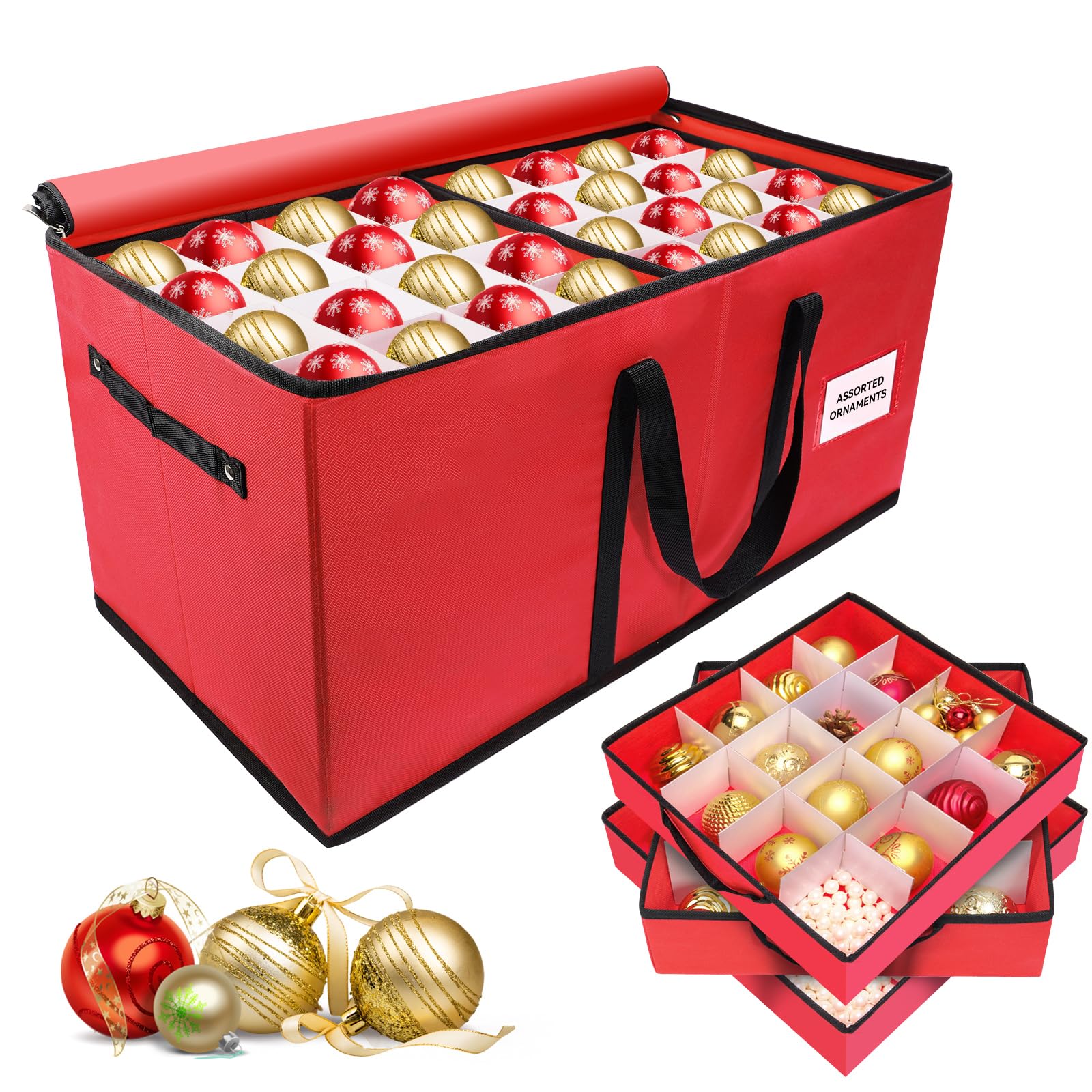 Afoxsos Christmas Ornament Storage Box 8 Trays Holds 128 Ornaments Up to 3 Inch Durable 600D Oxford Foldable Organizer With Handles Red
